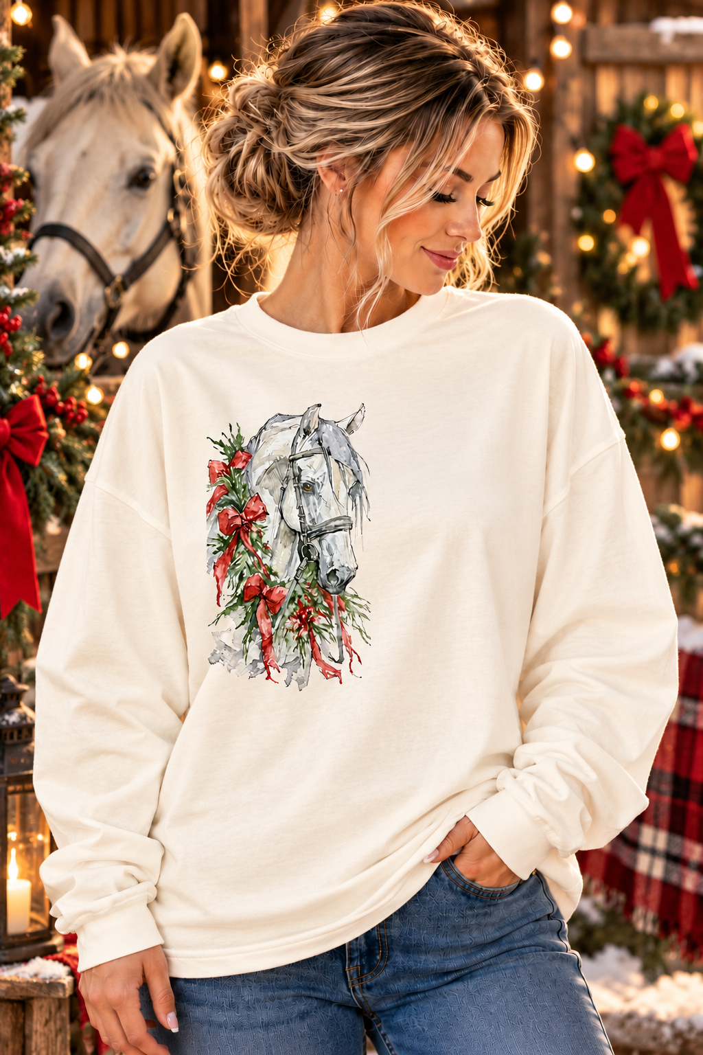 Christmas Horse Long Sleeve Shirt, Oversized Boxy Horse Tee