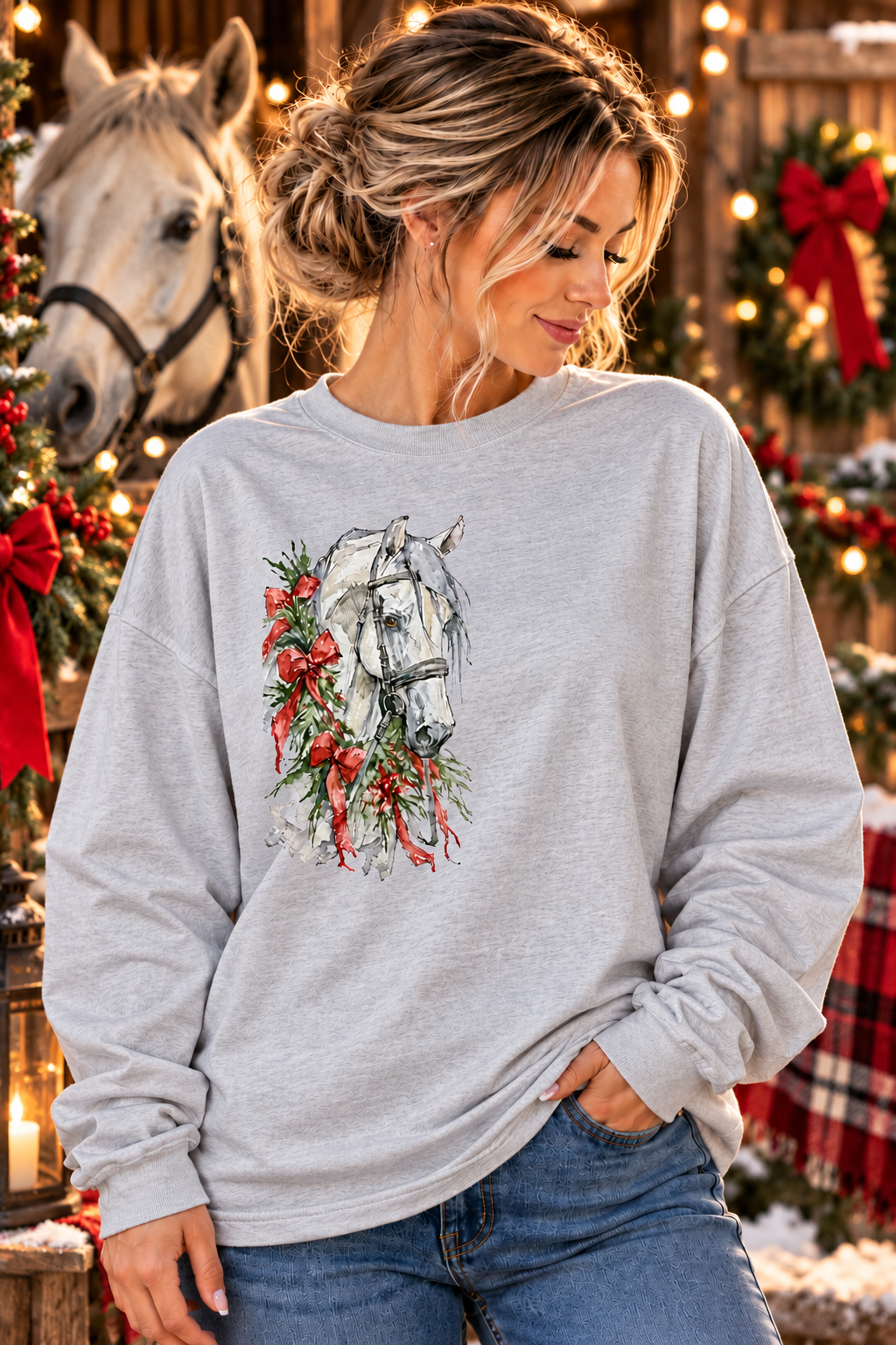 Christmas Horse Long Sleeve Shirt, Oversized Boxy Horse Tee