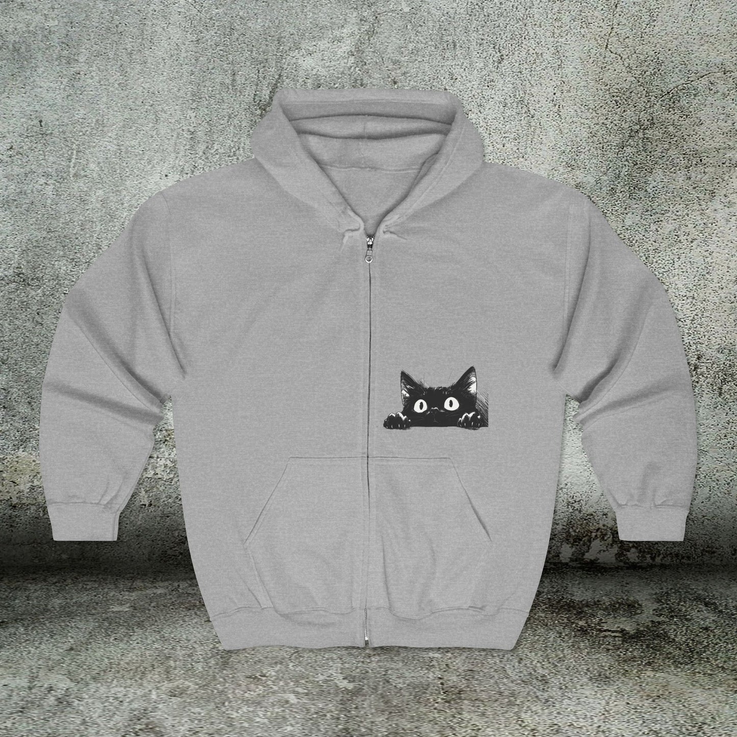 Cute Whimsical Black Cat Sweatshirt Jacket, Full Zip Hoodie, Cat Gift