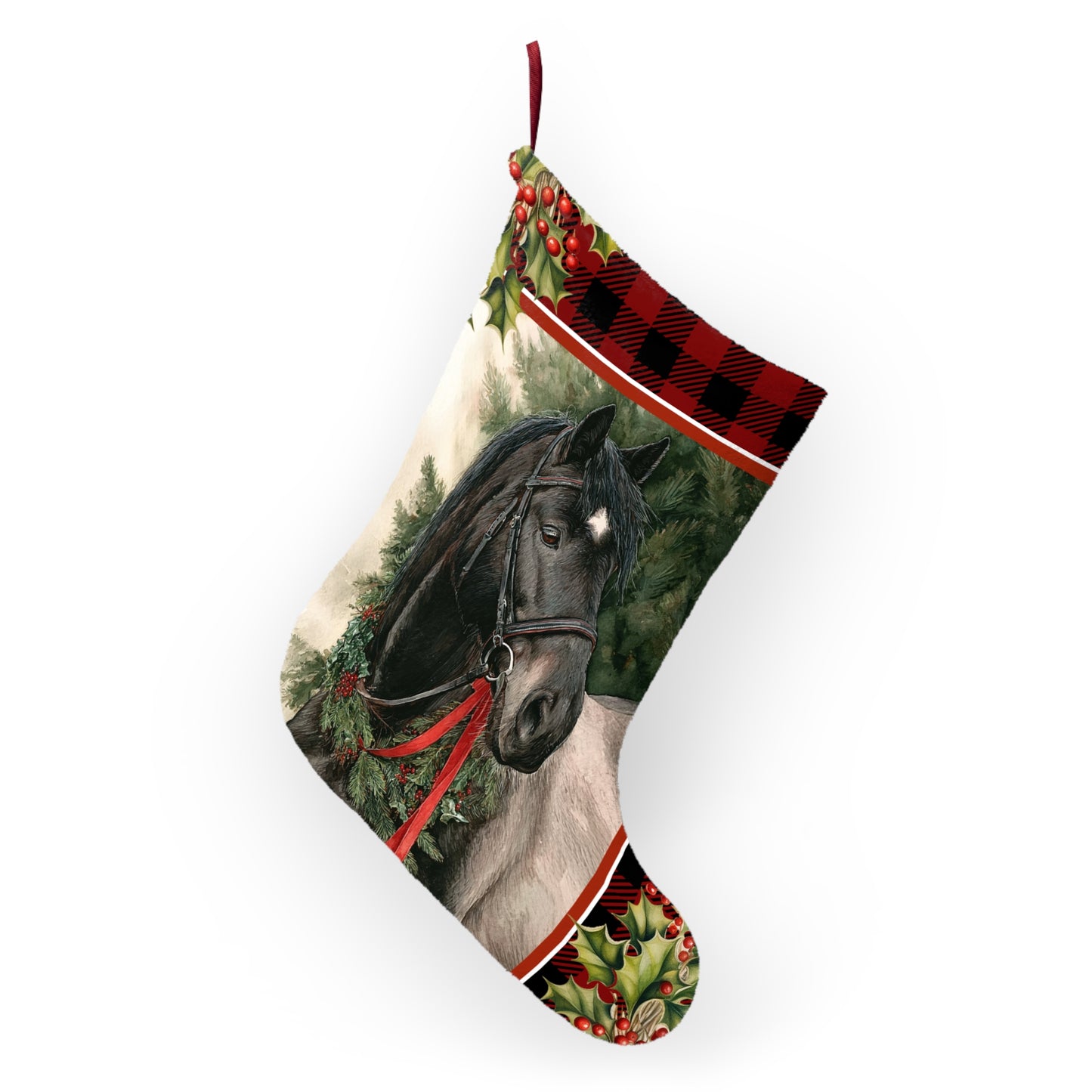 Christmas Stockings, Black Roan Horse Equestrian Gift Holiday Decor, Large Fleece Stocking