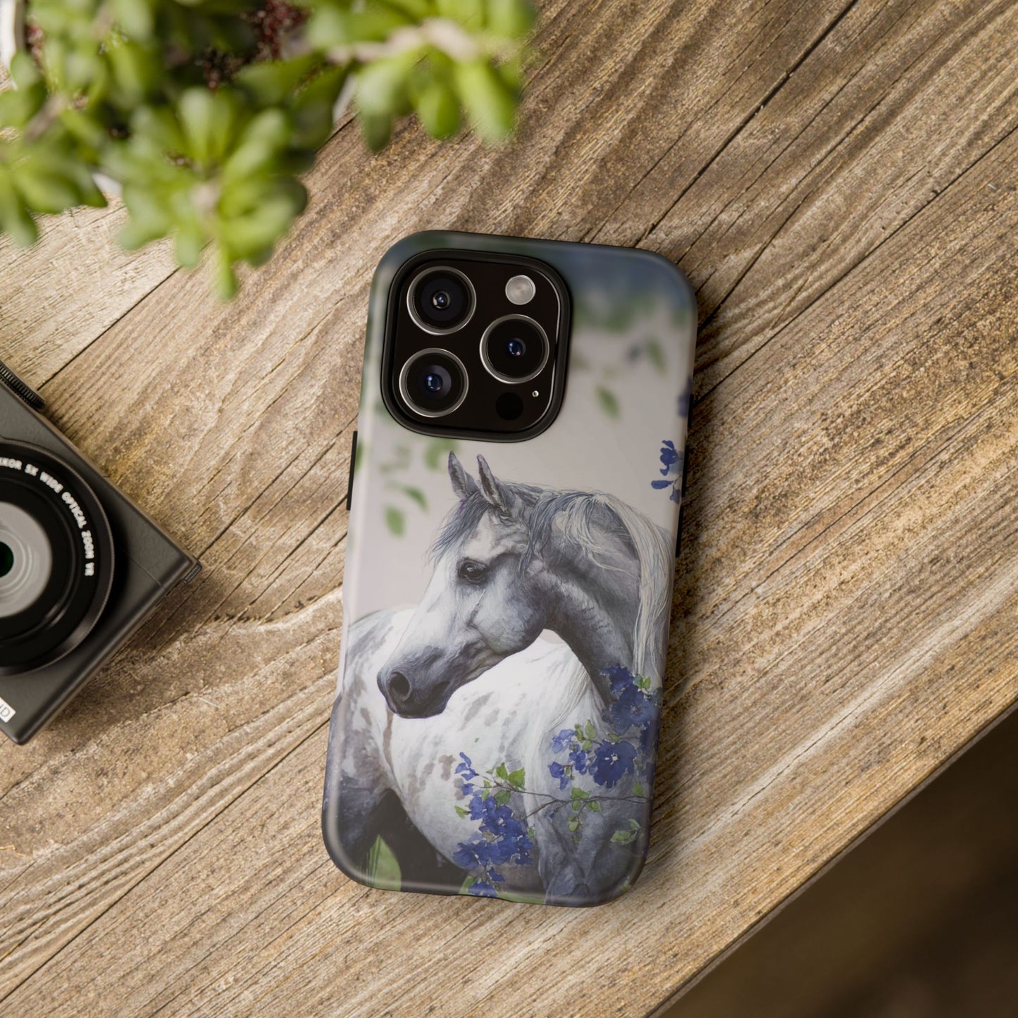 Dapple Gray Horse iPhone Case – Watercolor Horse & Flowers, Dual-Layer Protection for iPhone 14, 15 & 16