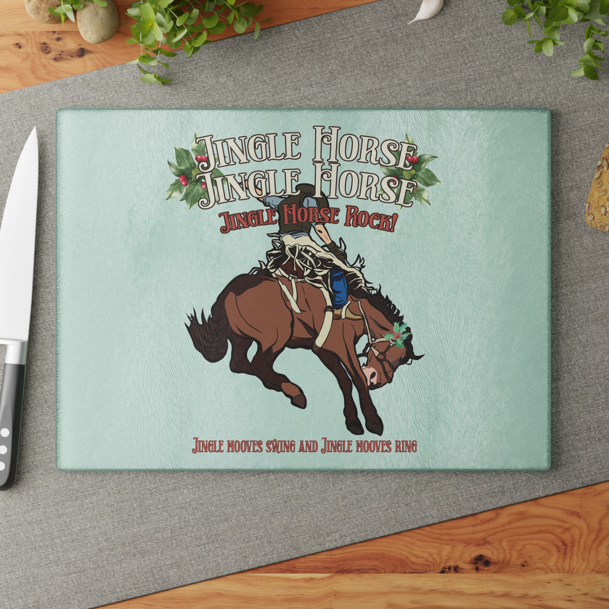 Rodeo Christmas Horse Glass cutting board – Jingle Horse Rock Cowboy - 2 sizes
