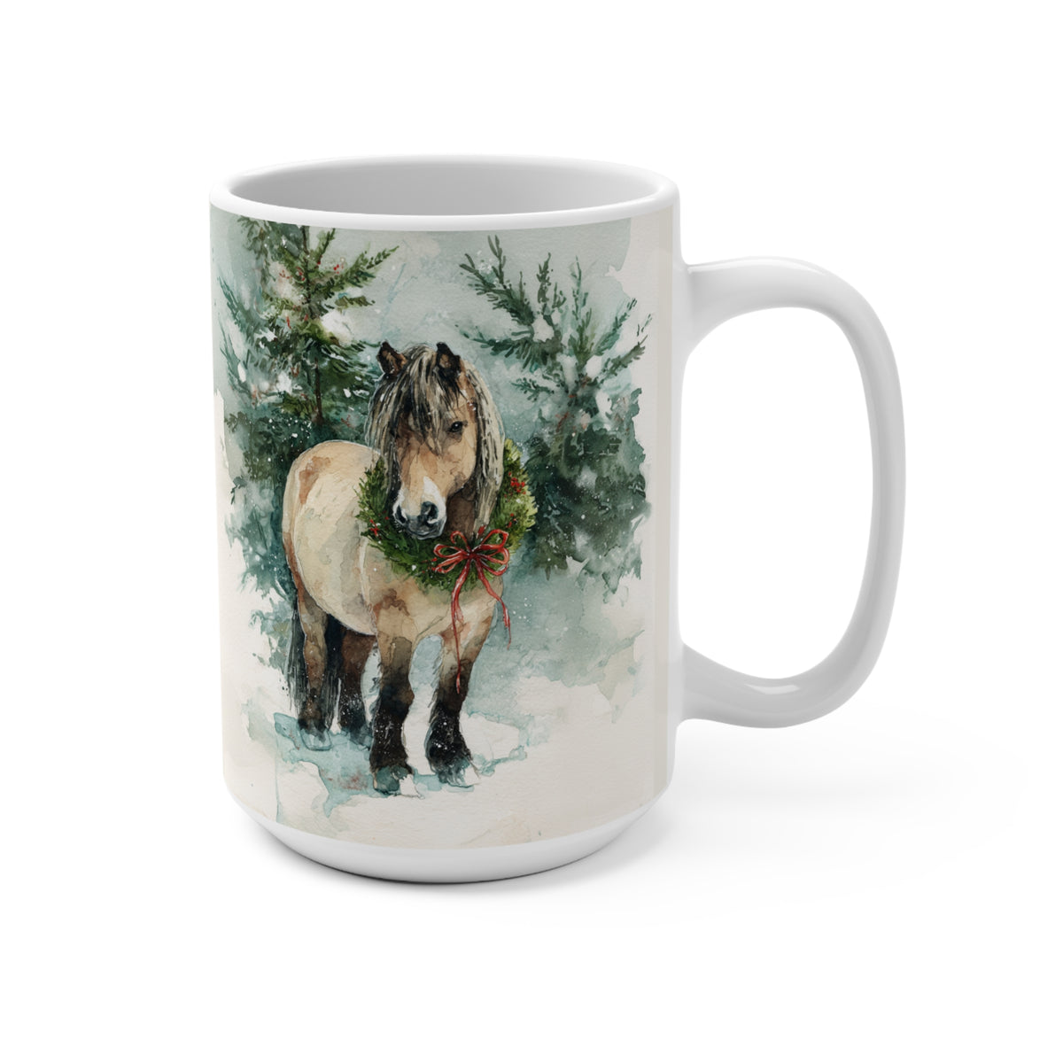 Fjord Horse - 15oz Ceramic Mug — Fjord Horse in Snow with Holiday Wreath (Christmas Winter Coffee Cup)