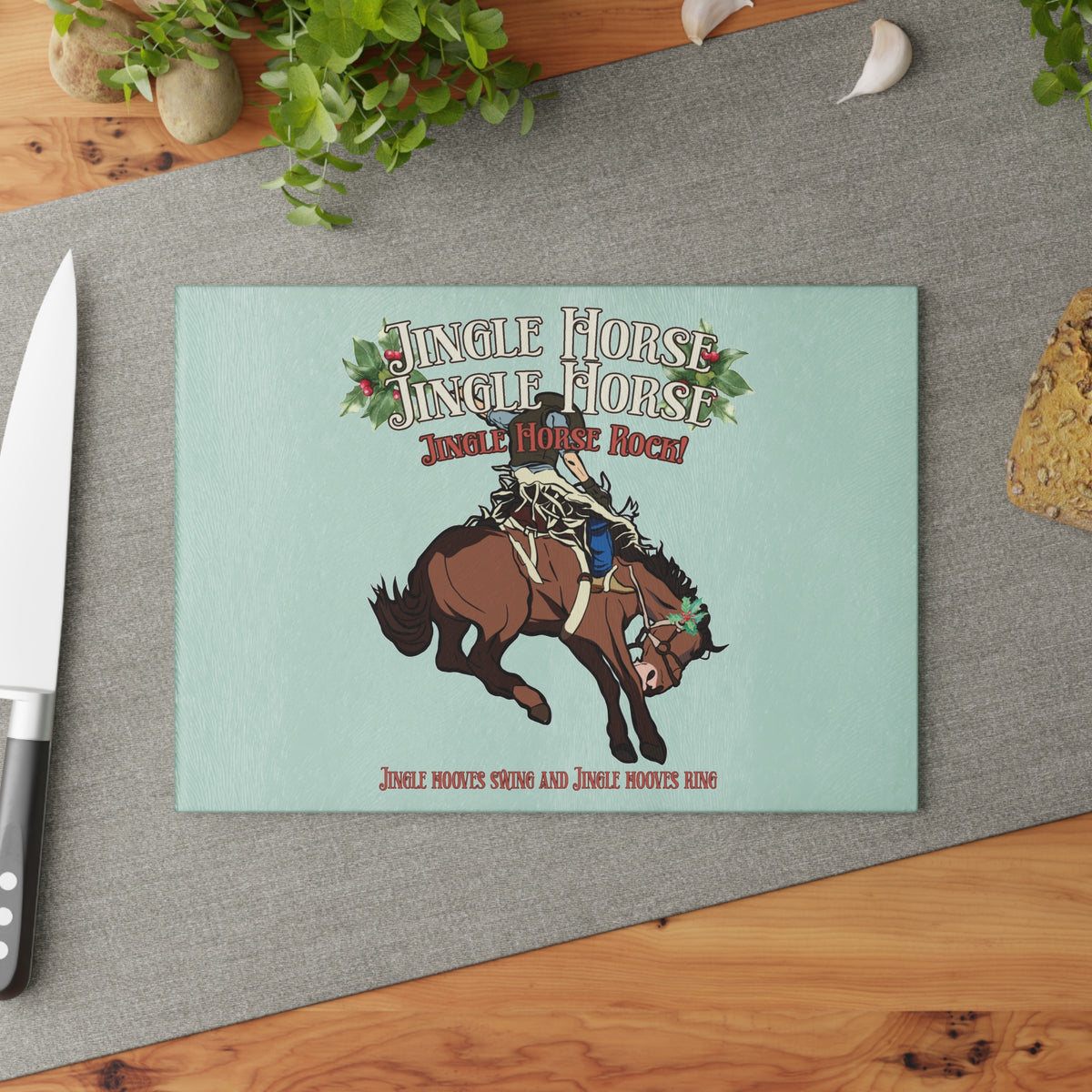 Rodeo Christmas Horse Glass cutting board – Jingle Horse Rock Cowboy - 2 sizes