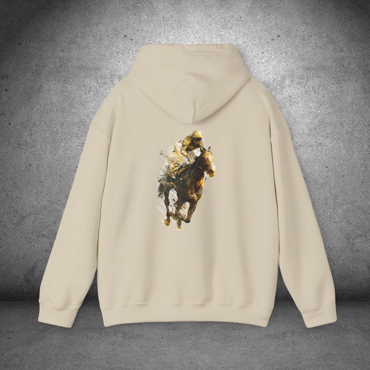 Thoroughbred Horse Racing Hoodie – Jockey & Racehorse Art 0n Back