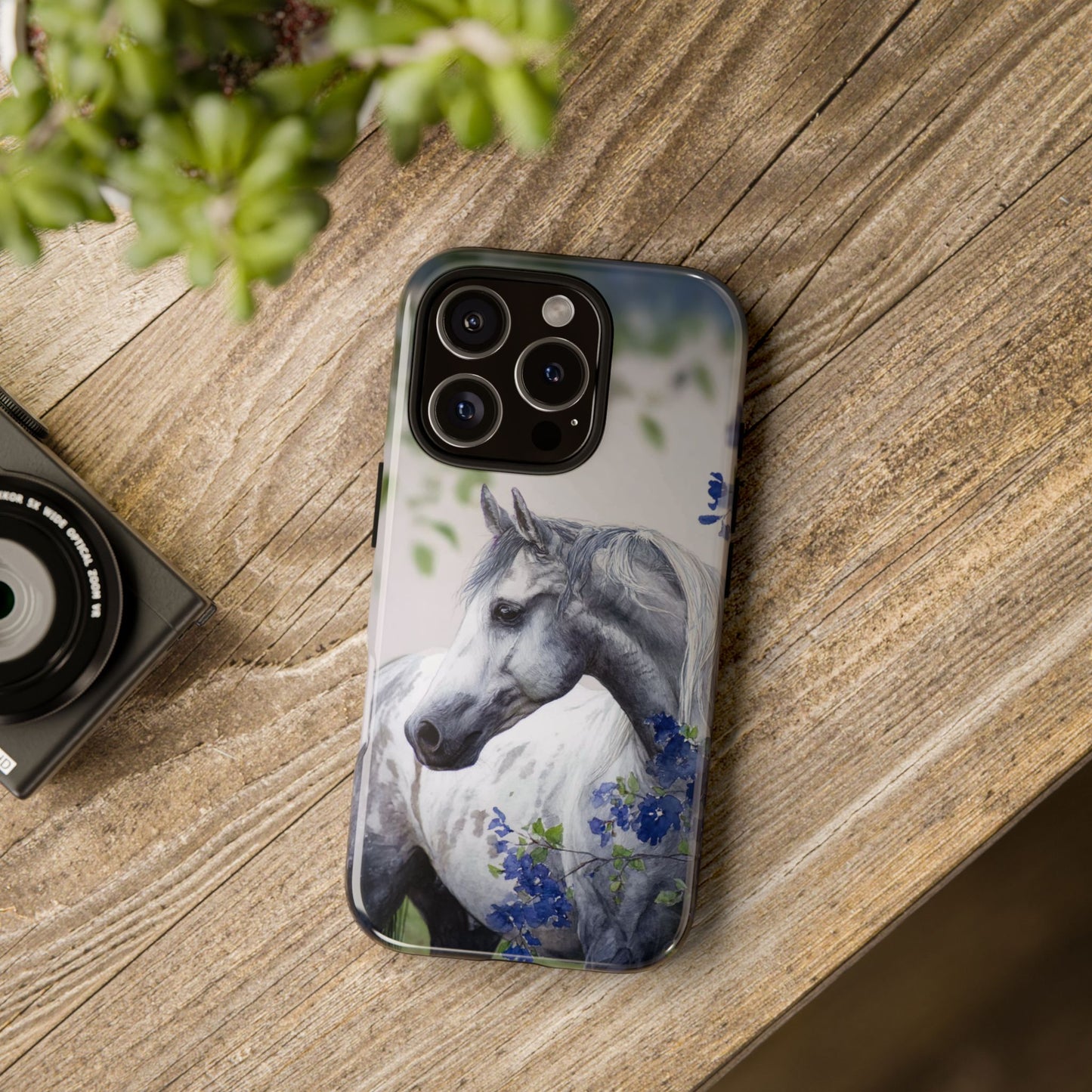 Dapple Gray Horse iPhone Case – Watercolor Horse & Flowers, Dual-Layer Protection for iPhone 14, 15 & 16