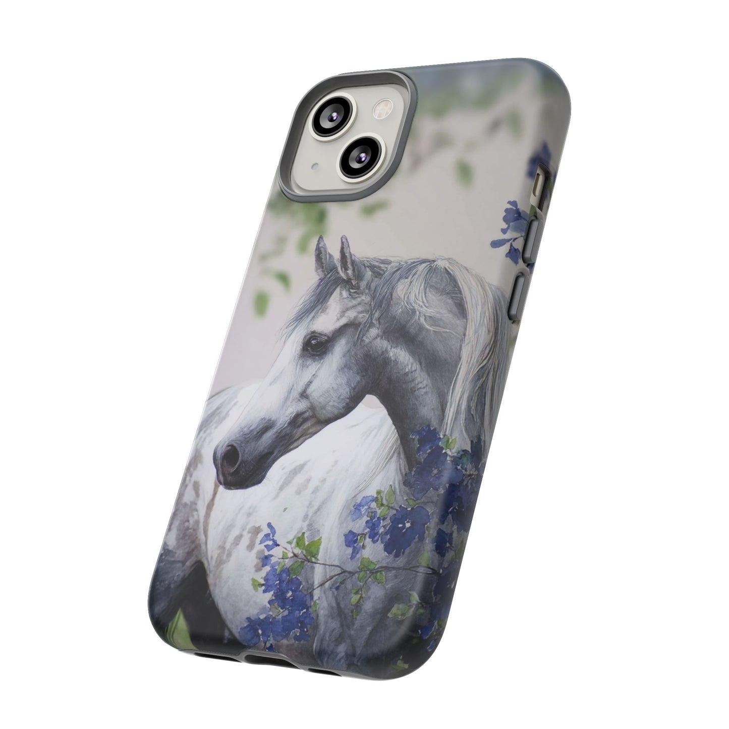 Dapple Gray Horse iPhone Case – Watercolor Horse & Flowers, Dual-Layer Protection for iPhone 14, 15 & 16
