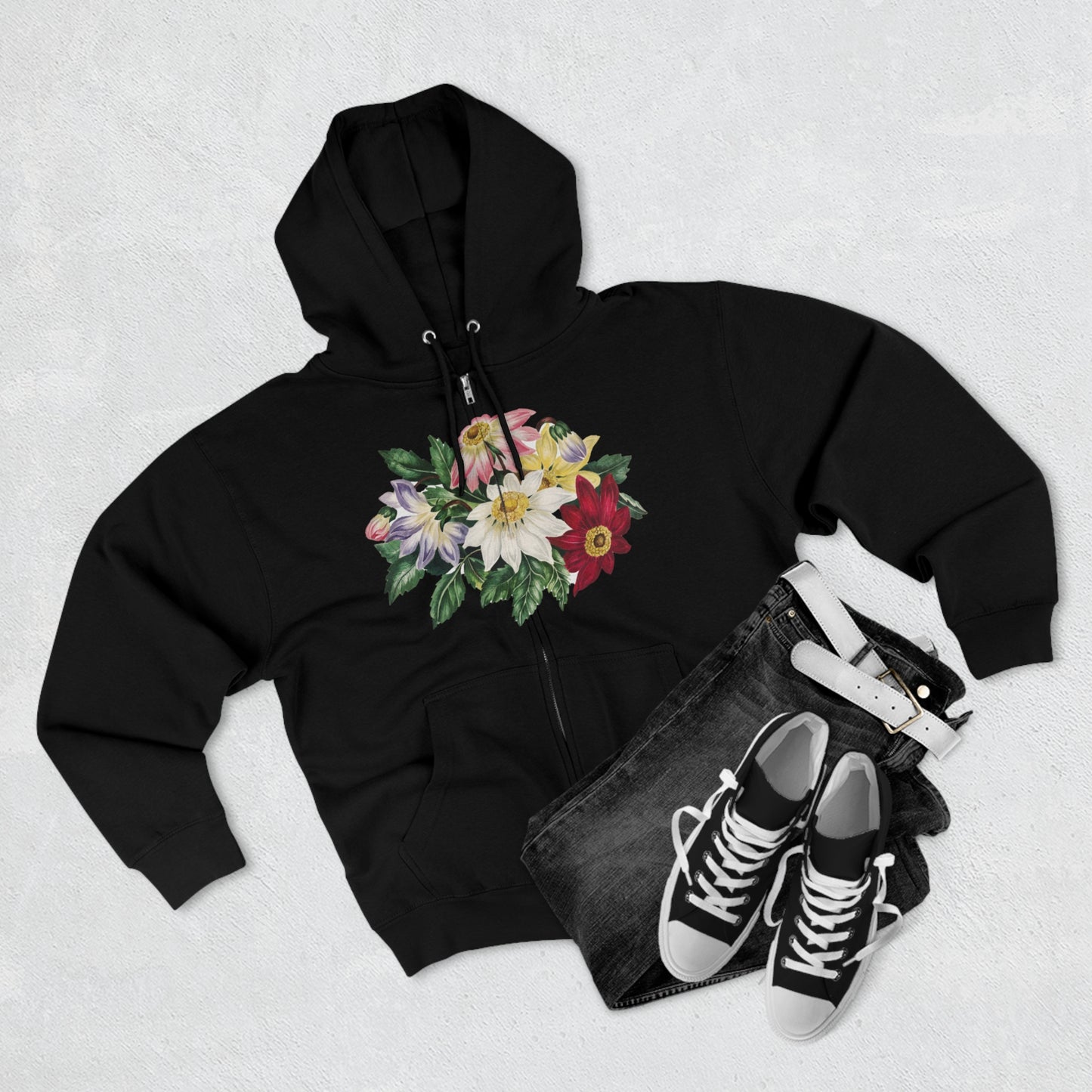 Flowers Full Zip-up Hoodie, Beautiful, Colorful Flower Hooded Sweatshirt, Museum Art Print