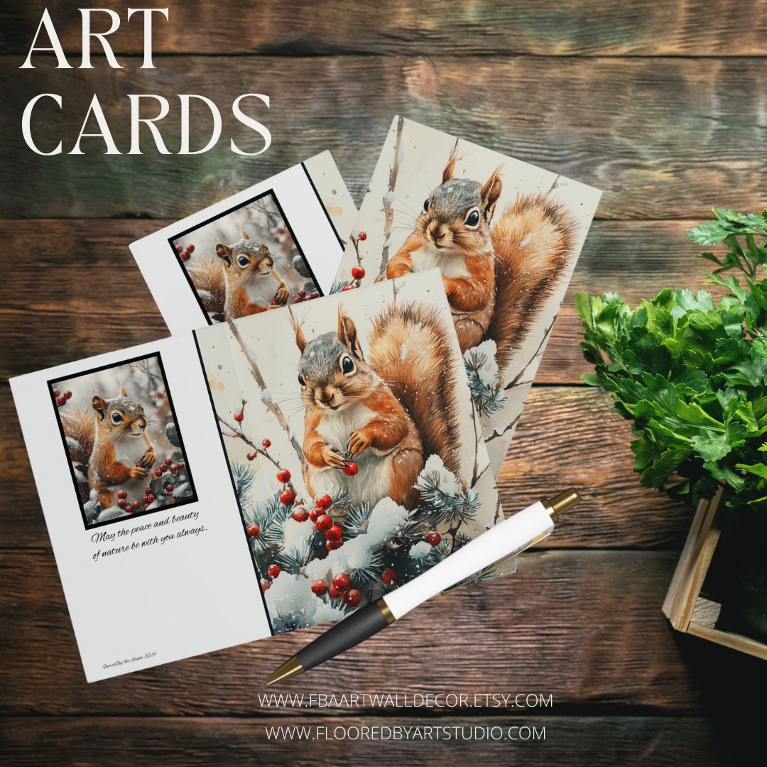 5 Wildlife Nature Squirrel Card, Winter Art Cards for Everyday or Christmas - FlooredByArt