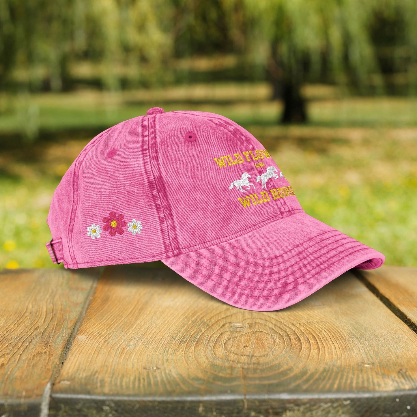 Wildflowers & Wild Horses Embroidered Cap – Vintage Distressed Horse Hat