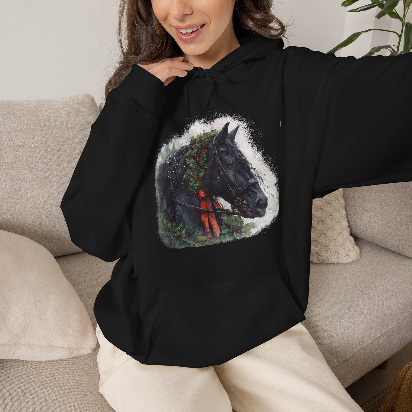 Friesian Horse Christmas Hoodie – Black Horse Holiday Sweatshi