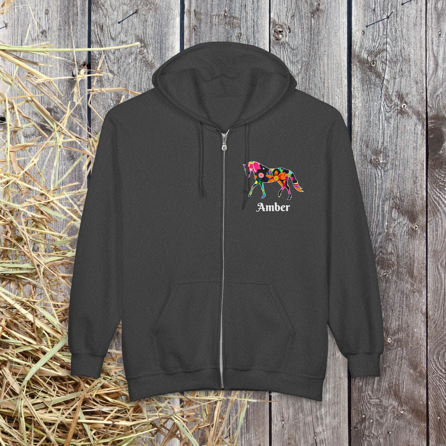 Horse Lover Full Zip Hoodie Jacket,  Floral Horse Pattern, personalized