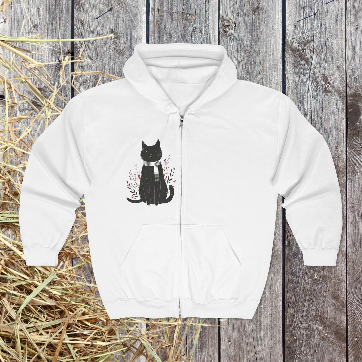 Black Cat Illustration Full Zip Hoodie | Minimal Fall Cat Silhouette, Cat Accents