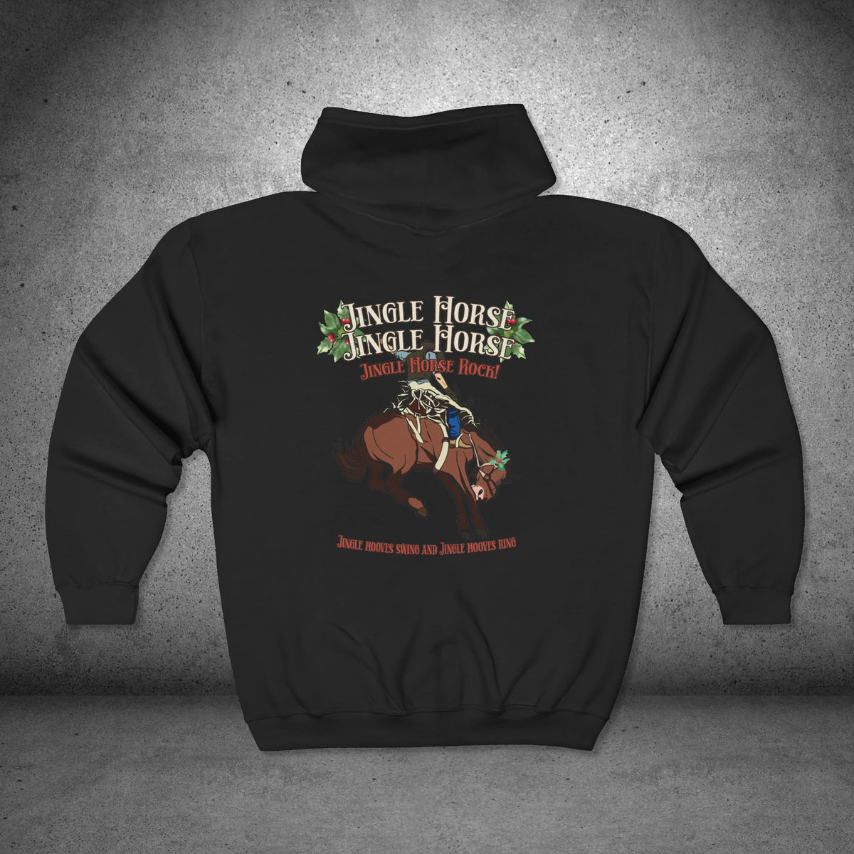 Jingle Horse Rock Christmas Full-Zip Hoodie – Rodeo Horse Holiday Sweatshirt