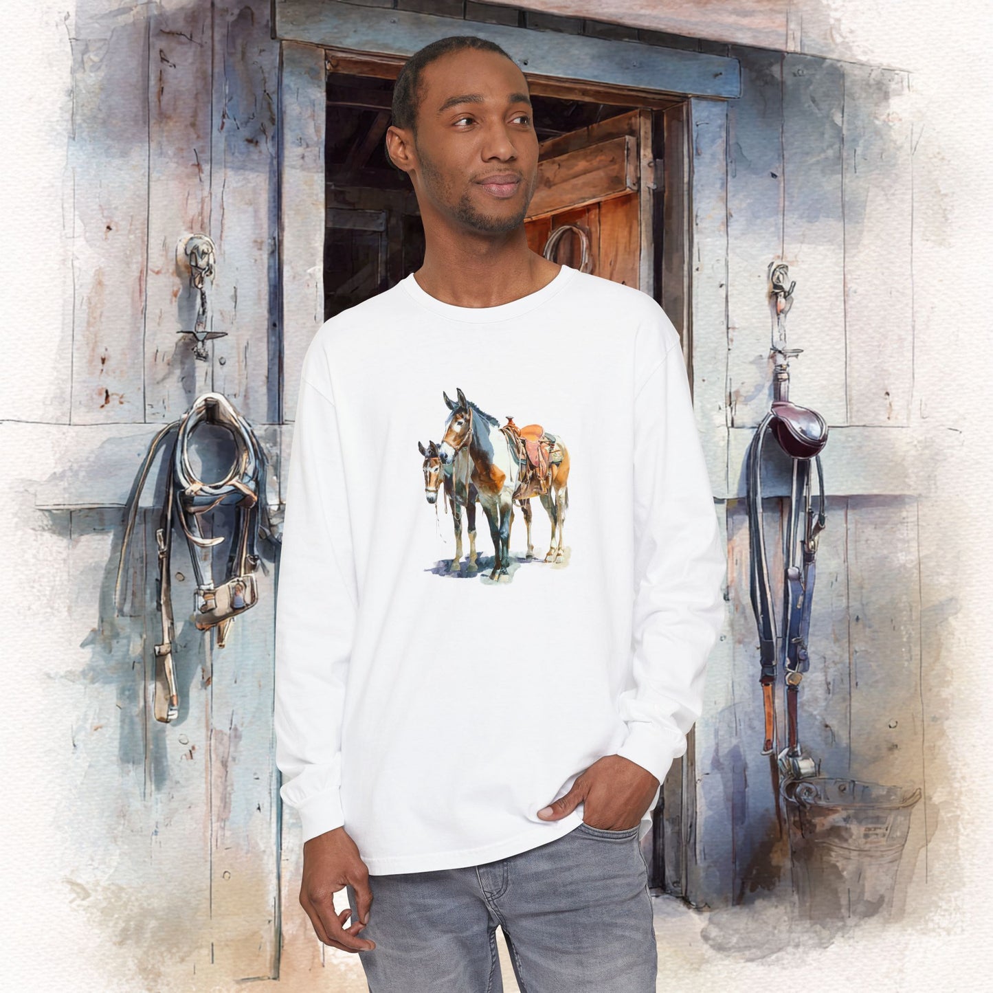 Western Mule Horse Watercolor Long Sleeve Comfort Colors T-Shirt