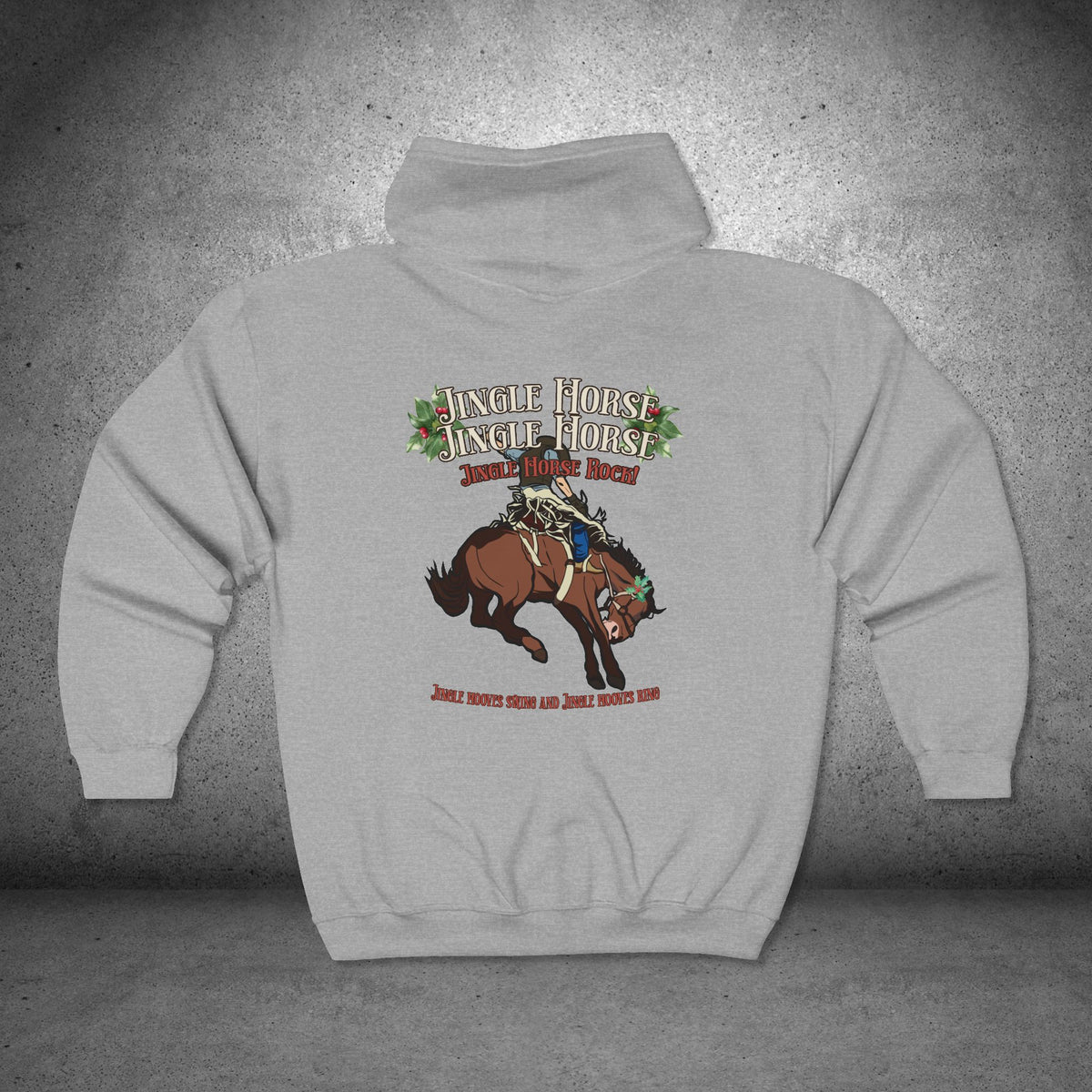 Jingle Horse Rock Christmas Full-Zip Hoodie – Rodeo Horse Holiday Sweatshirt