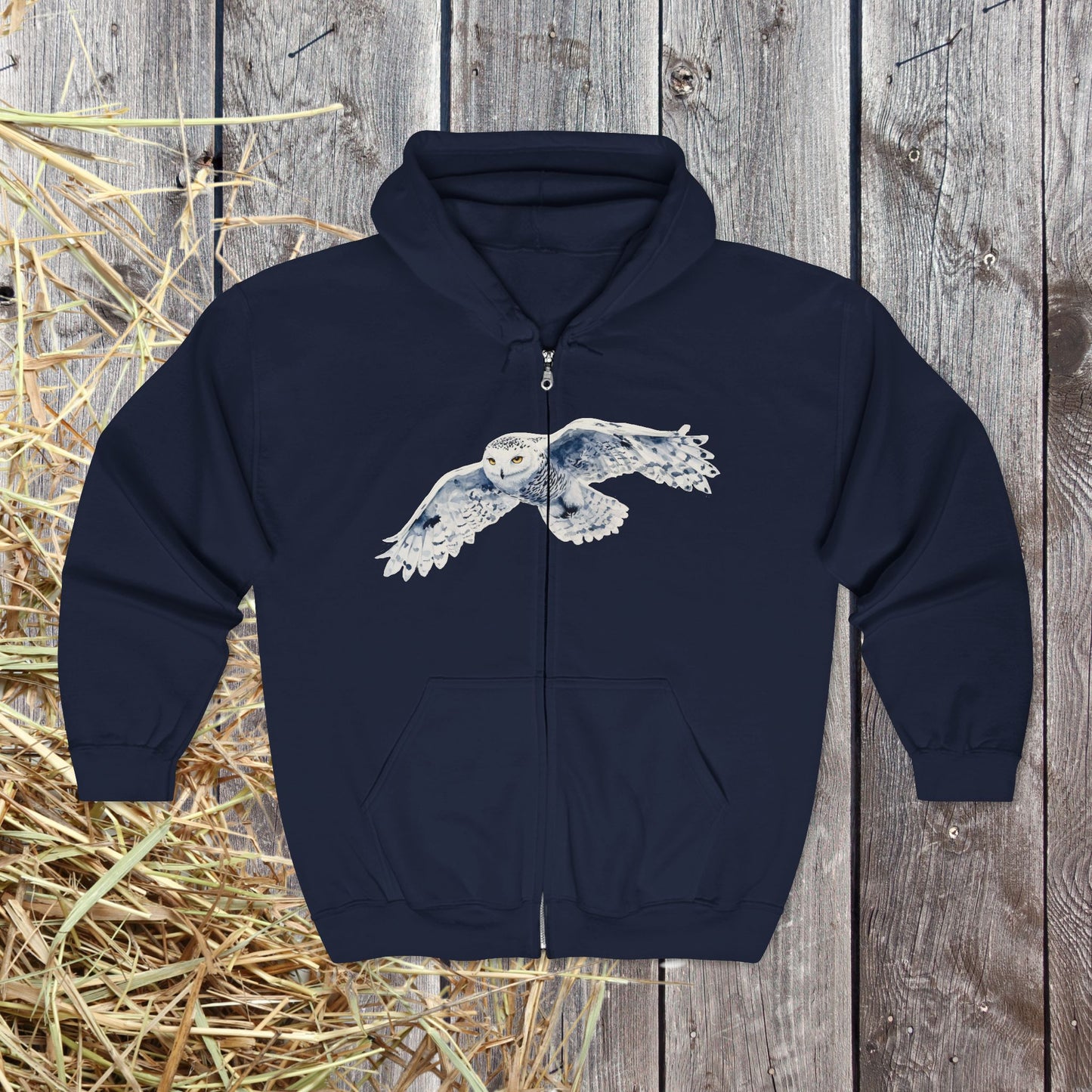 Snowy White Owl Watercolor Full Zip Hoodie — Flying Owl Nature Conservation