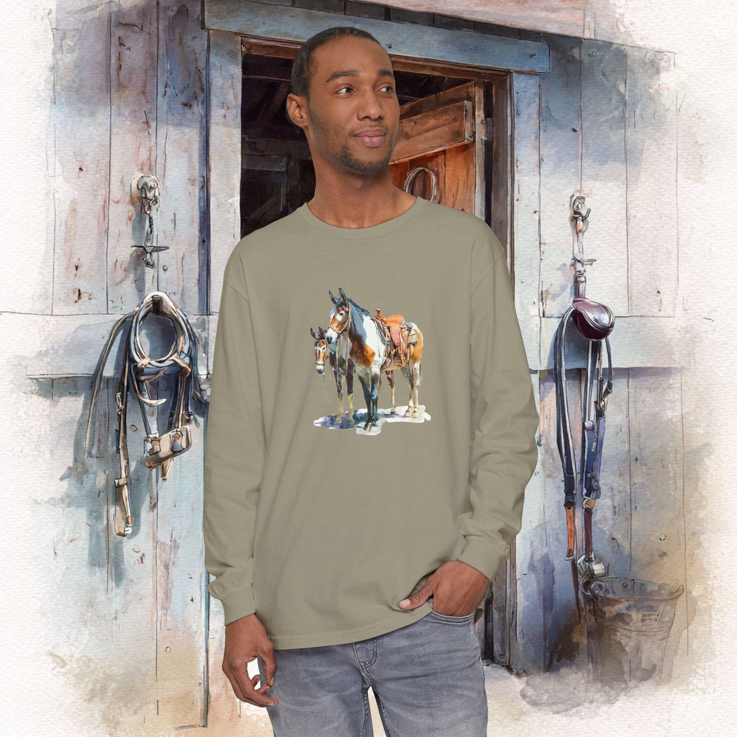 Western Mule Horse Watercolor Long Sleeve Comfort Colors T-Shirt