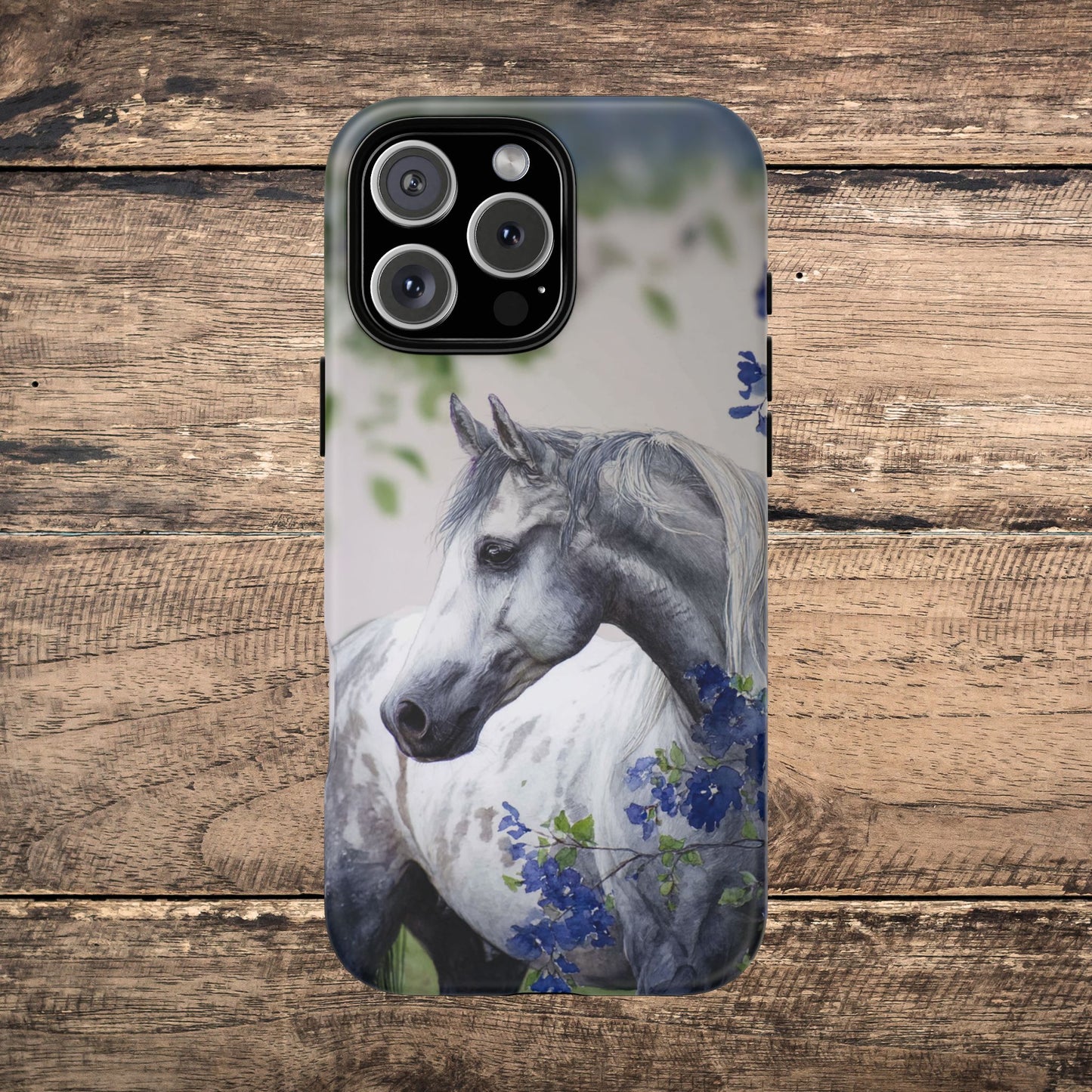 Dapple Gray Horse iPhone Case – Watercolor Horse & Flowers, Dual-Layer Protection for iPhone 14, 15 & 16