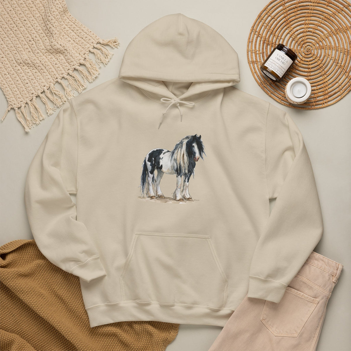 Gypsy Vanner Horse Hoodie – Black and White Draft Horse Watercolor Sweatshirt