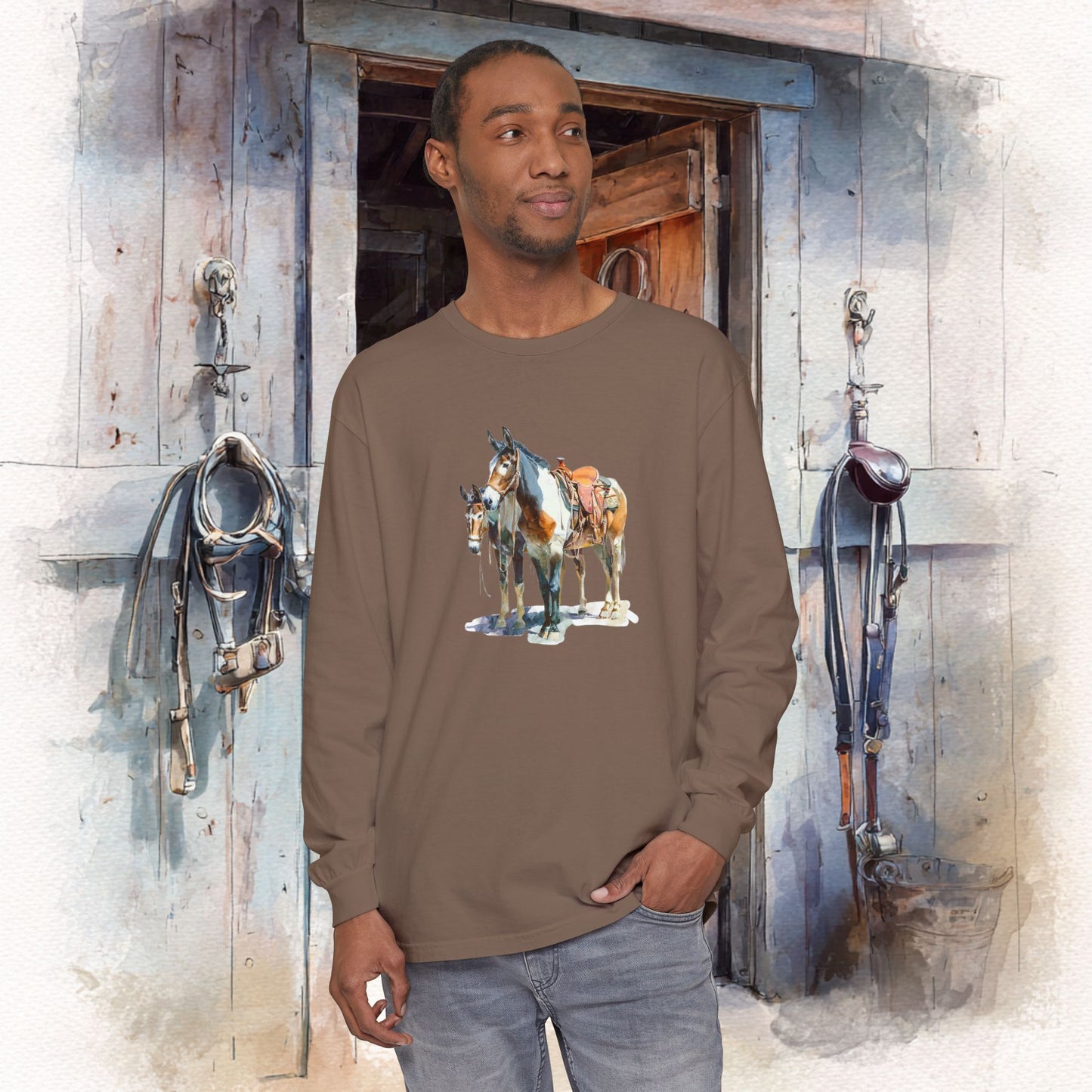 Western Mule Horse Watercolor Long Sleeve Comfort Colors T-Shirt