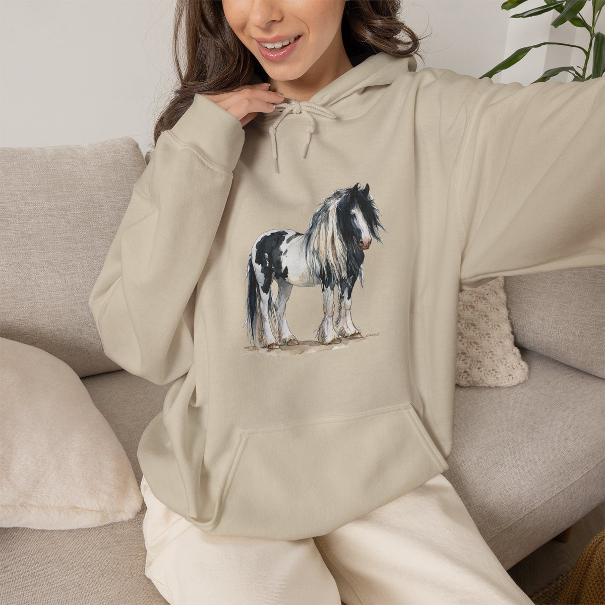 Gypsy Vanner Horse Hoodie – Black and White Draft Horse Watercolor Sweatshirt