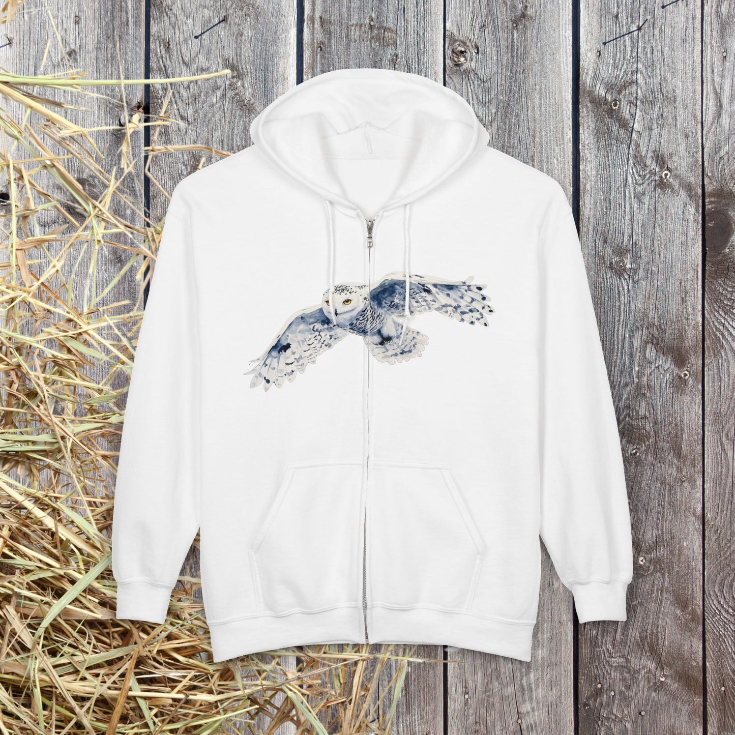 Snowy White Owl Watercolor Full Zip Hoodie — Flying Owl Nature Conservation