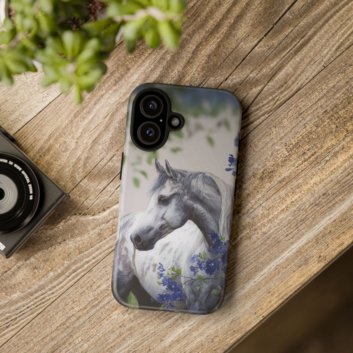 Dapple Gray Horse iPhone Case – Watercolor Horse & Flowers, Dual-Layer Protection for iPhone 14, 15 & 16