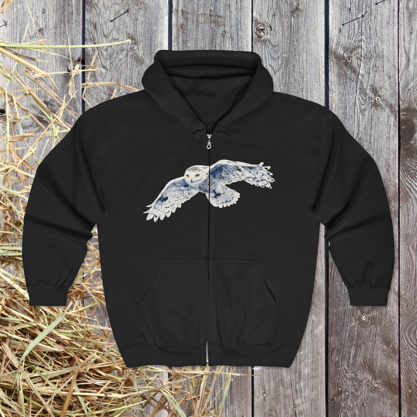 Snowy White Owl Watercolor Full Zip Hoodie — Flying Owl Nature Conservation