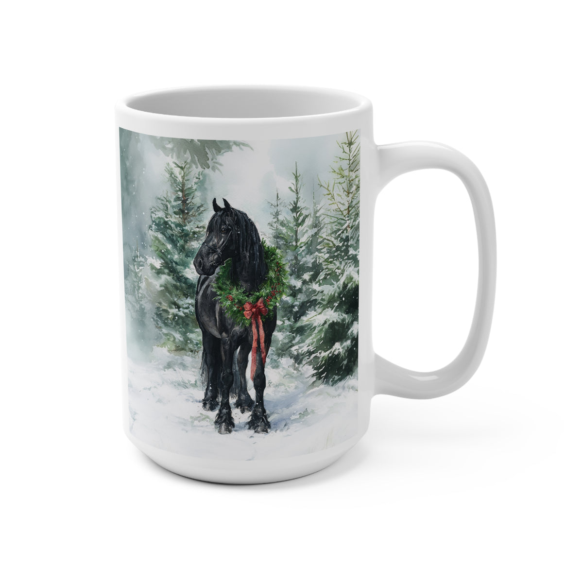 15oz Ceramic Mug — Friesian Horse in Snow with Holiday Wreath (Christmas Winter Coffee Cup)