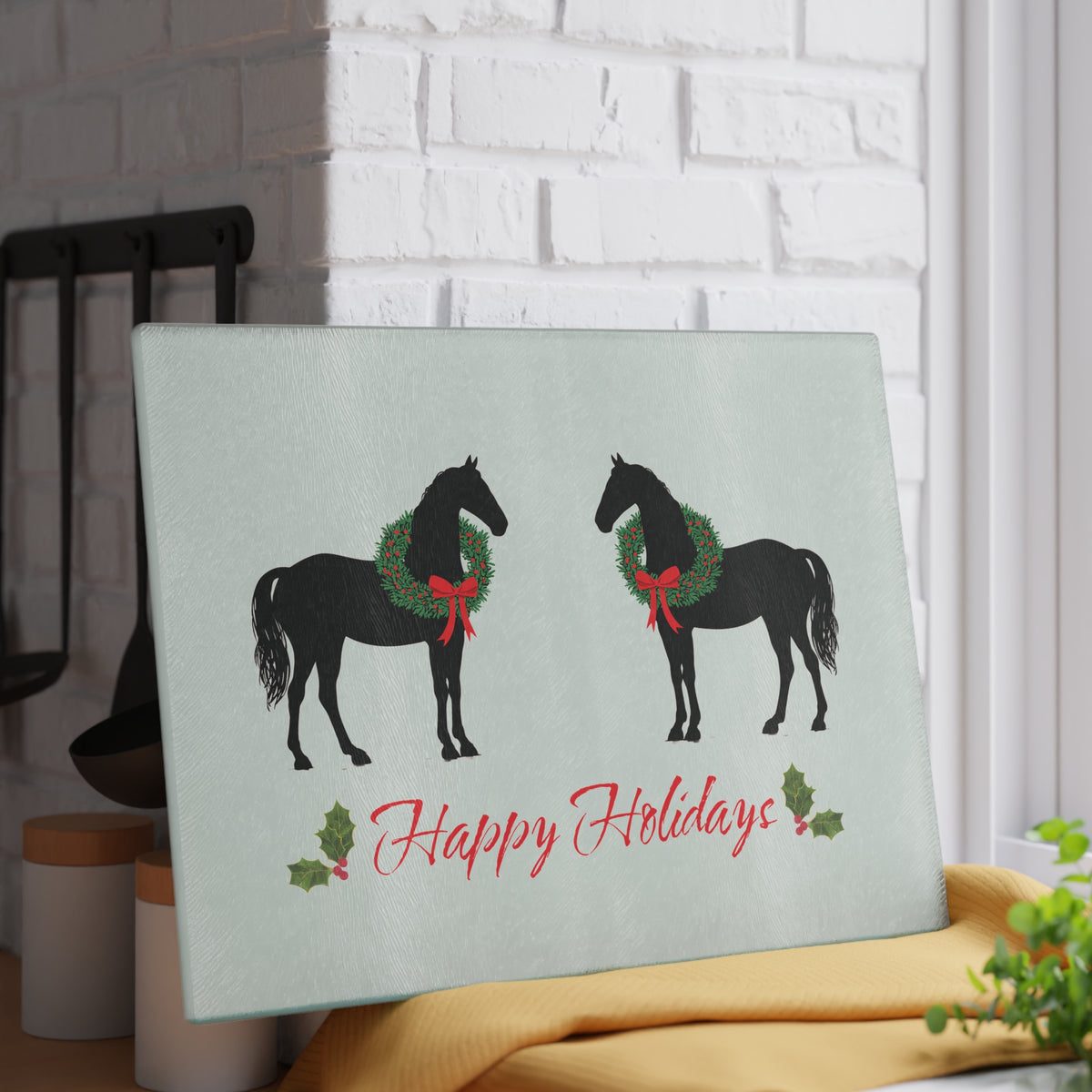 Christmas Horse glass cutting board – Personalized Black Christmas Horse