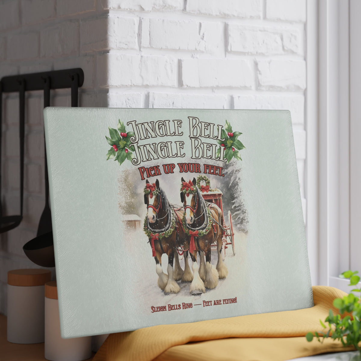 Clydesdale Christmas Horse glass cutting board – Personalized Holiday Horse Decor