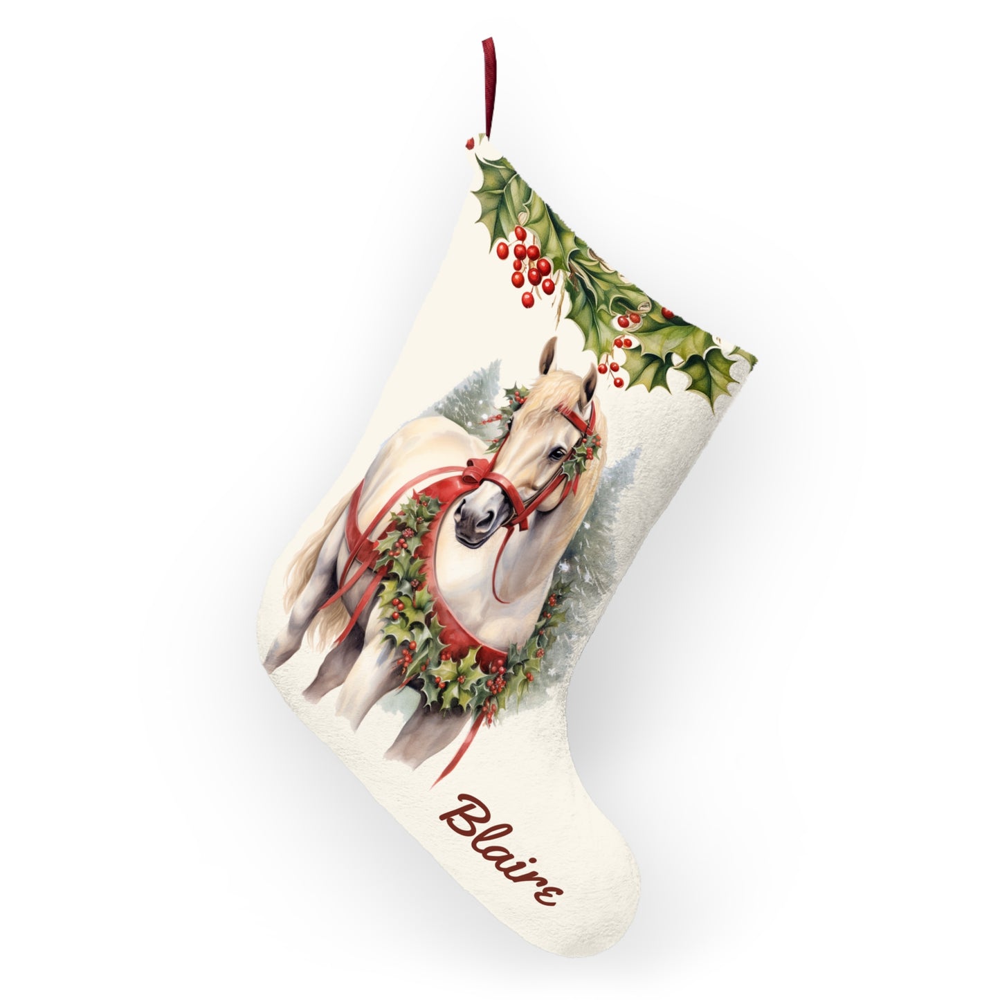 Christmas White Draft Horse Stocking, Holiday Art Decor