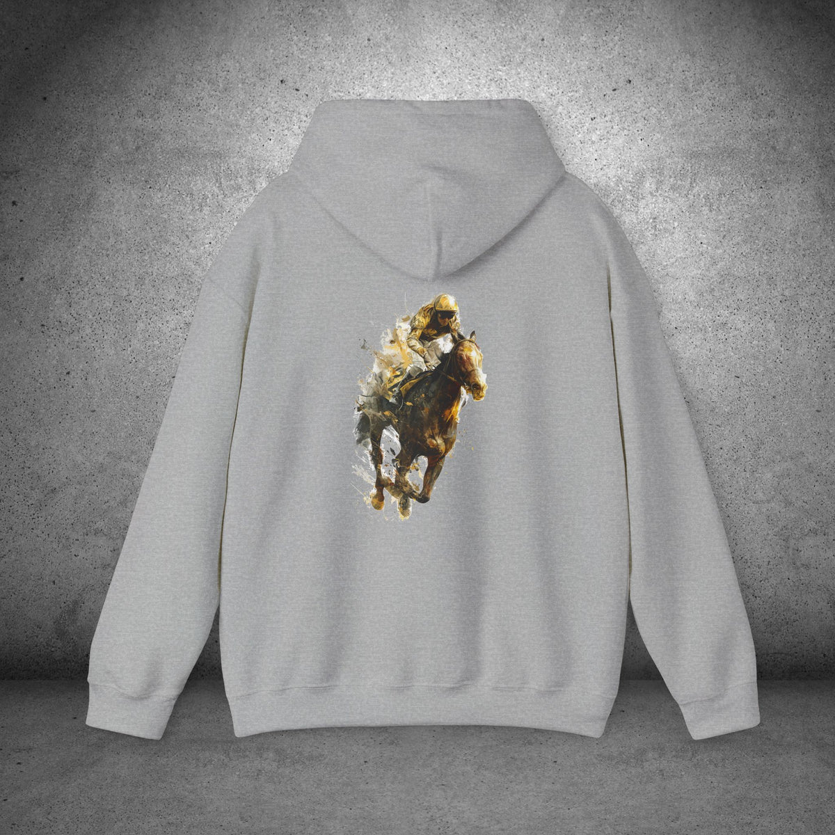 Thoroughbred Horse Racing Hoodie – Jockey & Racehorse Art 0n Back
