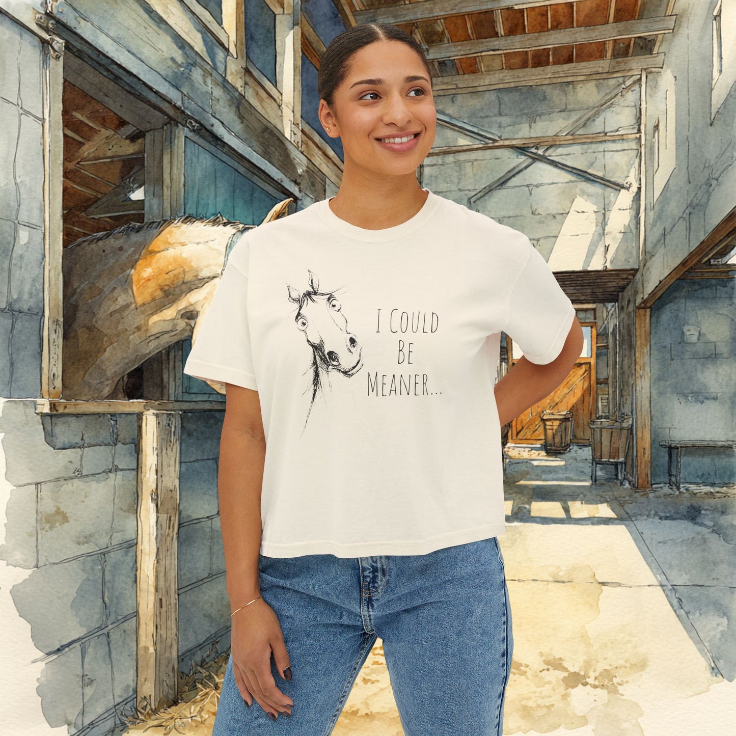 Women's Boxy Loose Fit Horse Tee — Horse Sketch "I Could Be Meaner"