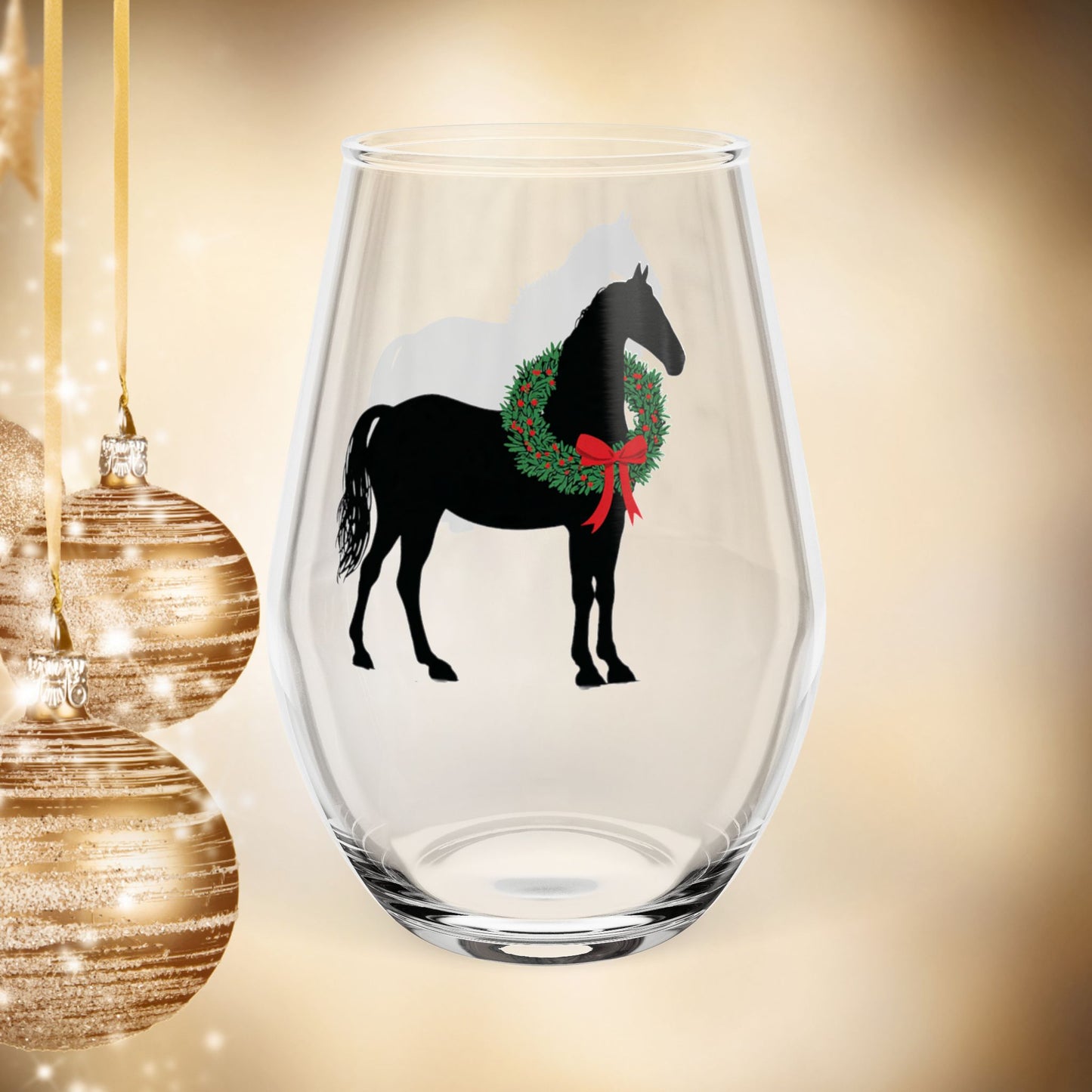 Christmas Horse Stemless Wine Glass – Personalized Black Horse - Set Optional