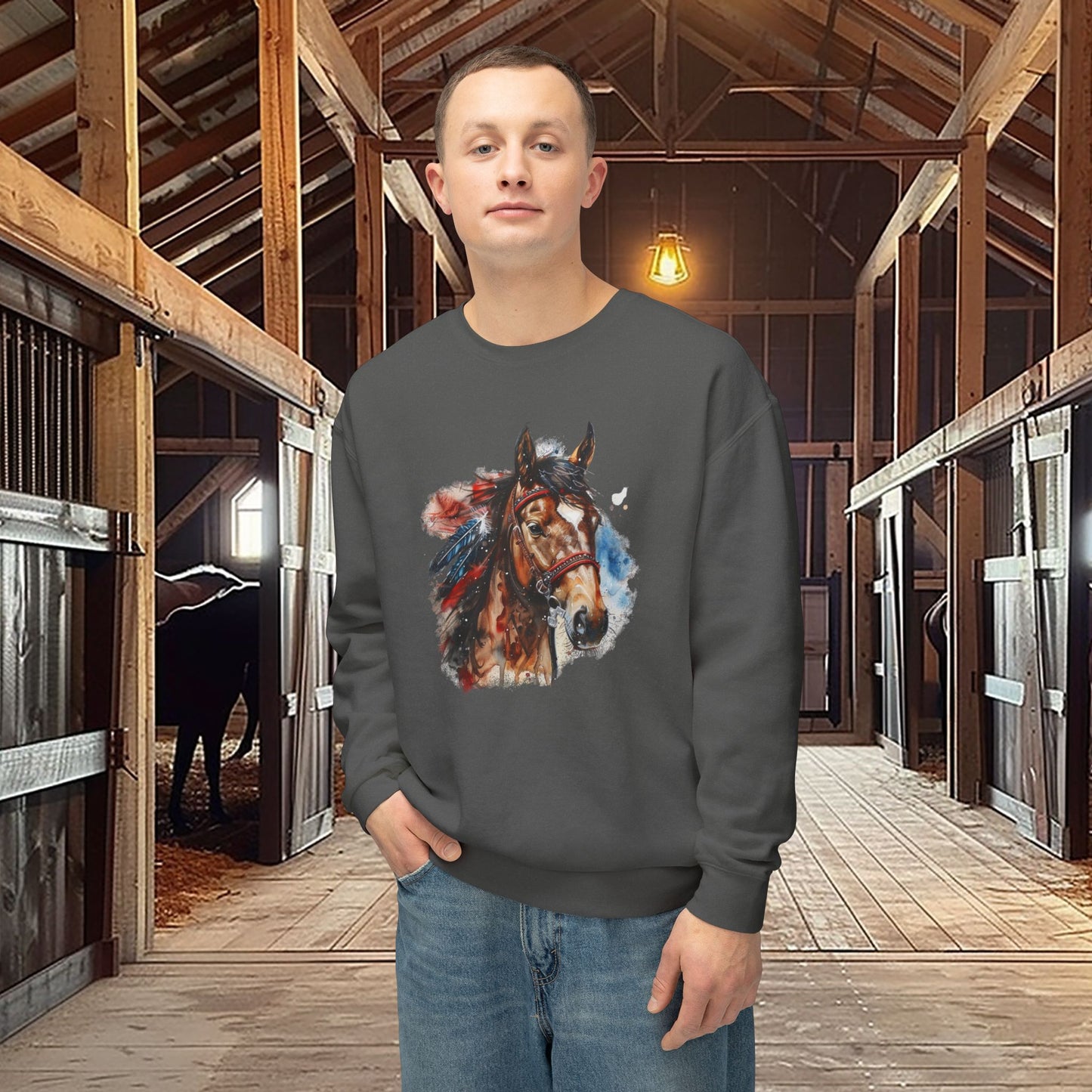 Native American Horse Sweatshirt, Comfort Color LIGHTWEIGHT, Native Style Spirit Horse With Feathers