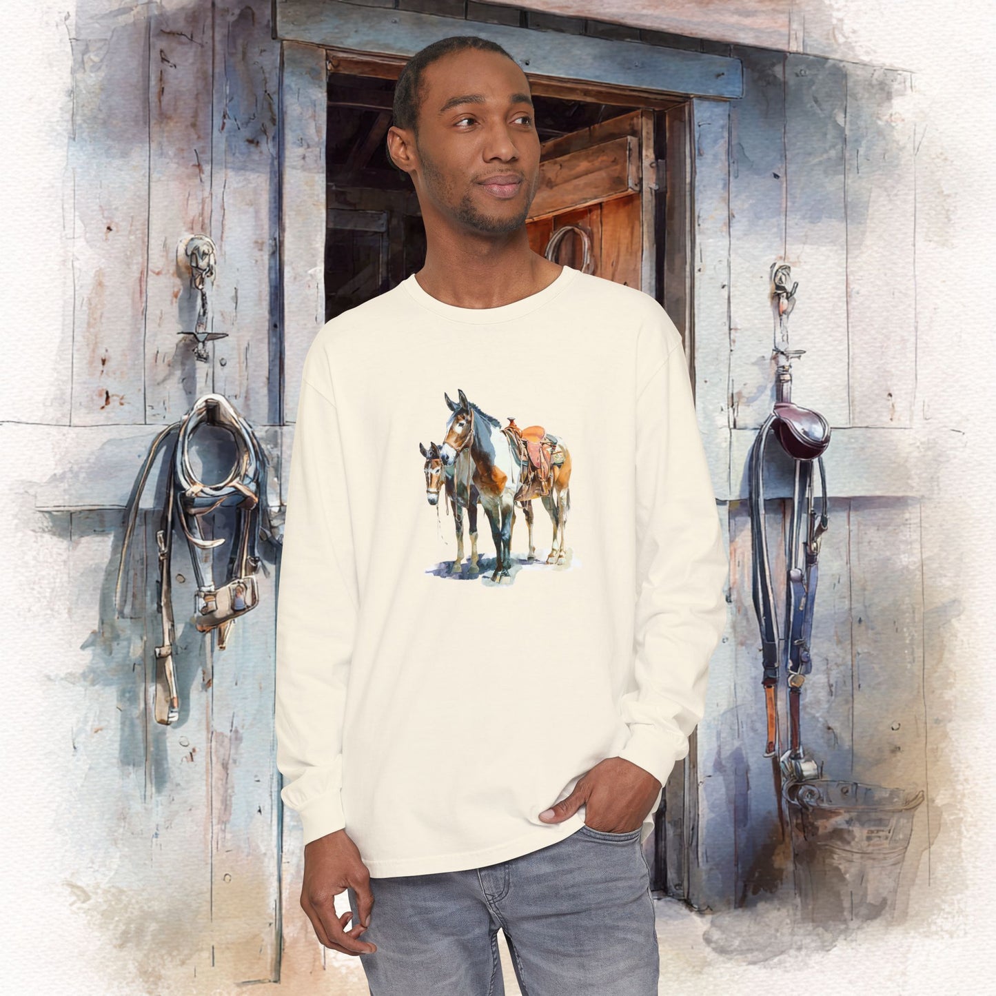 Western Mule Horse Watercolor Long Sleeve Comfort Colors T-Shirt