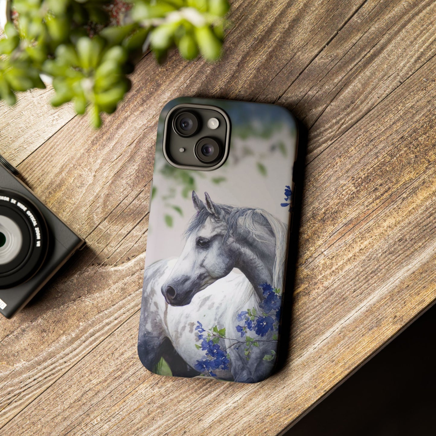 Dapple Gray Horse iPhone Case – Watercolor Horse & Flowers, Dual-Layer Protection for iPhone 14, 15 & 16