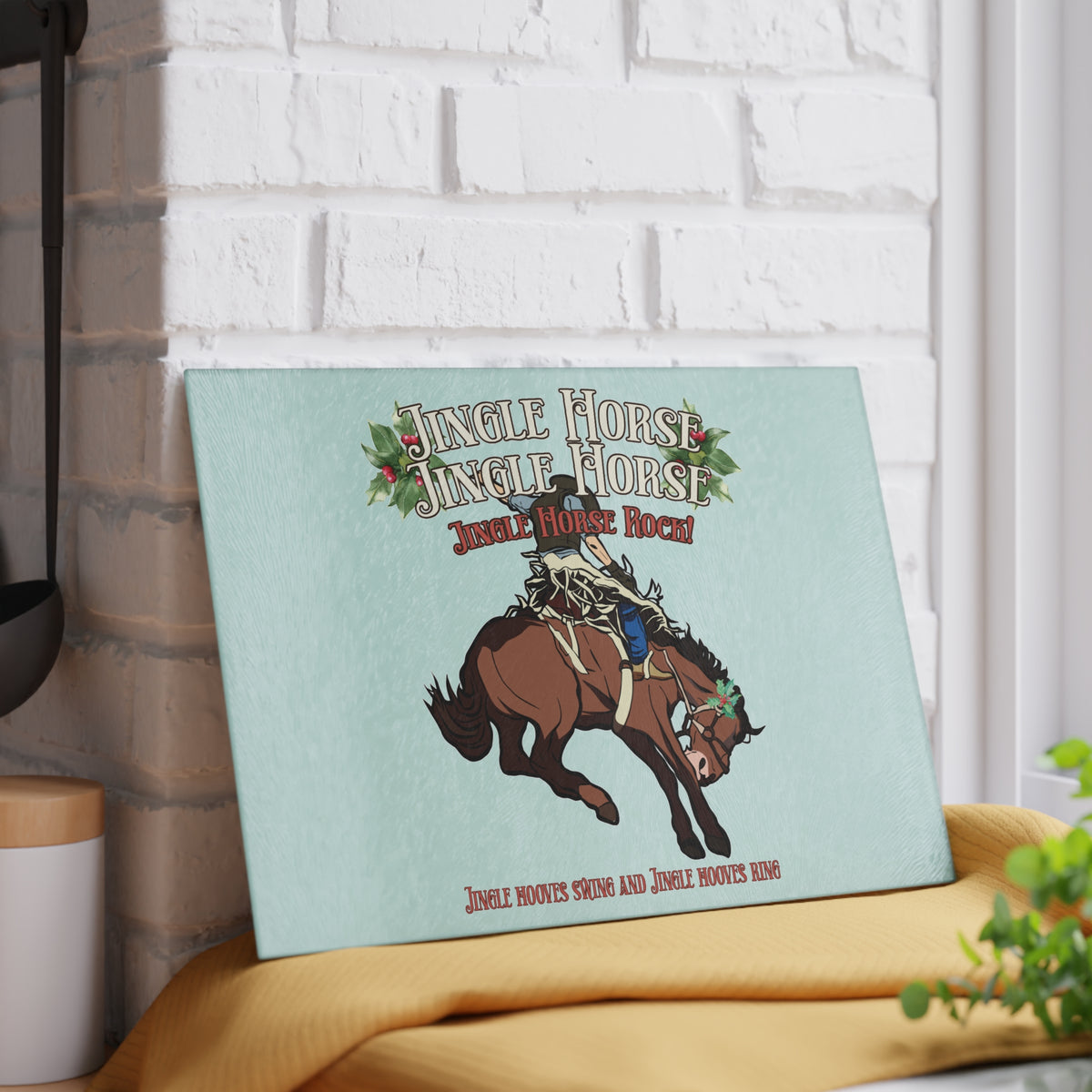 Rodeo Christmas Horse Glass cutting board – Jingle Horse Rock Cowboy - 2 sizes