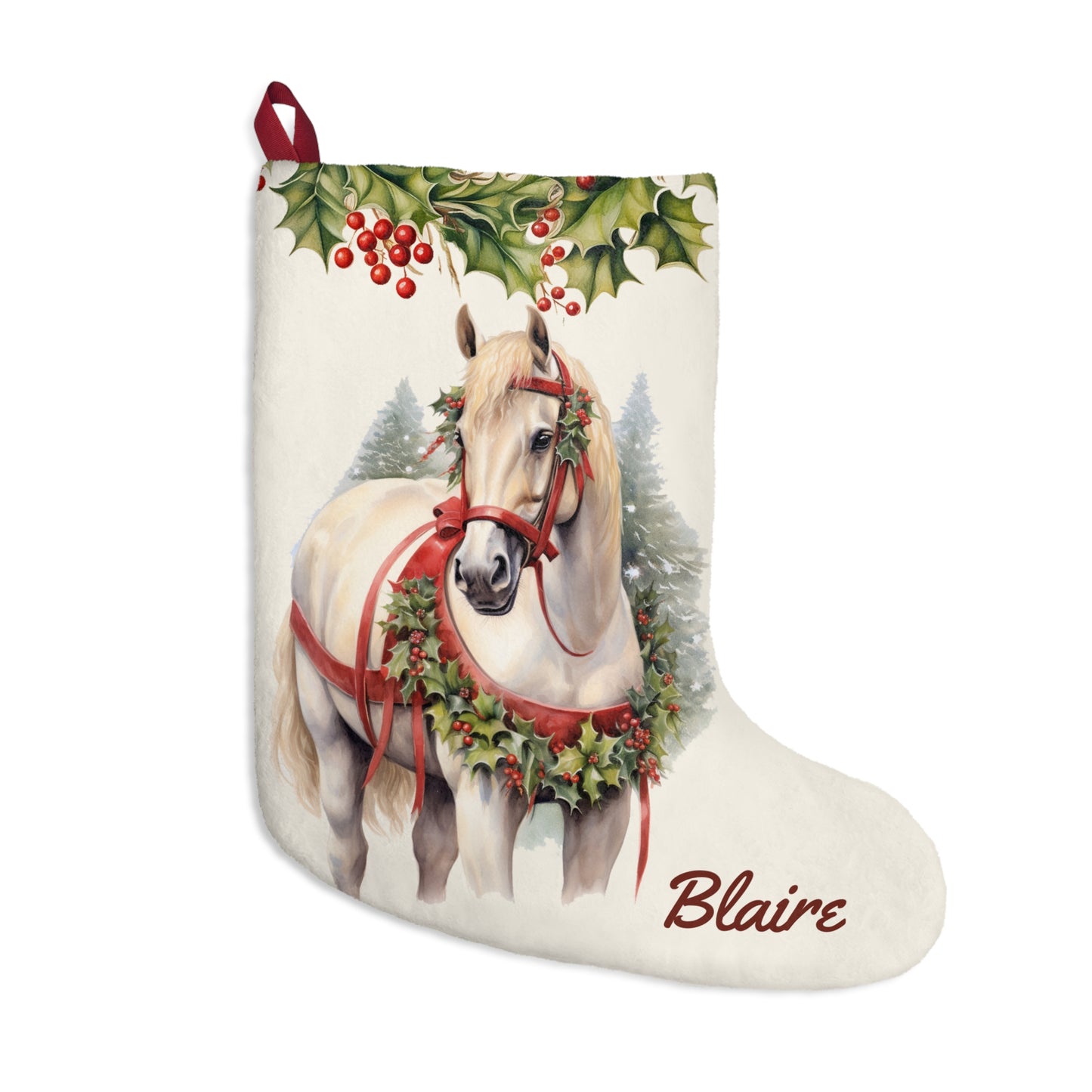 Christmas White Draft Horse Stocking, Holiday Art Decor