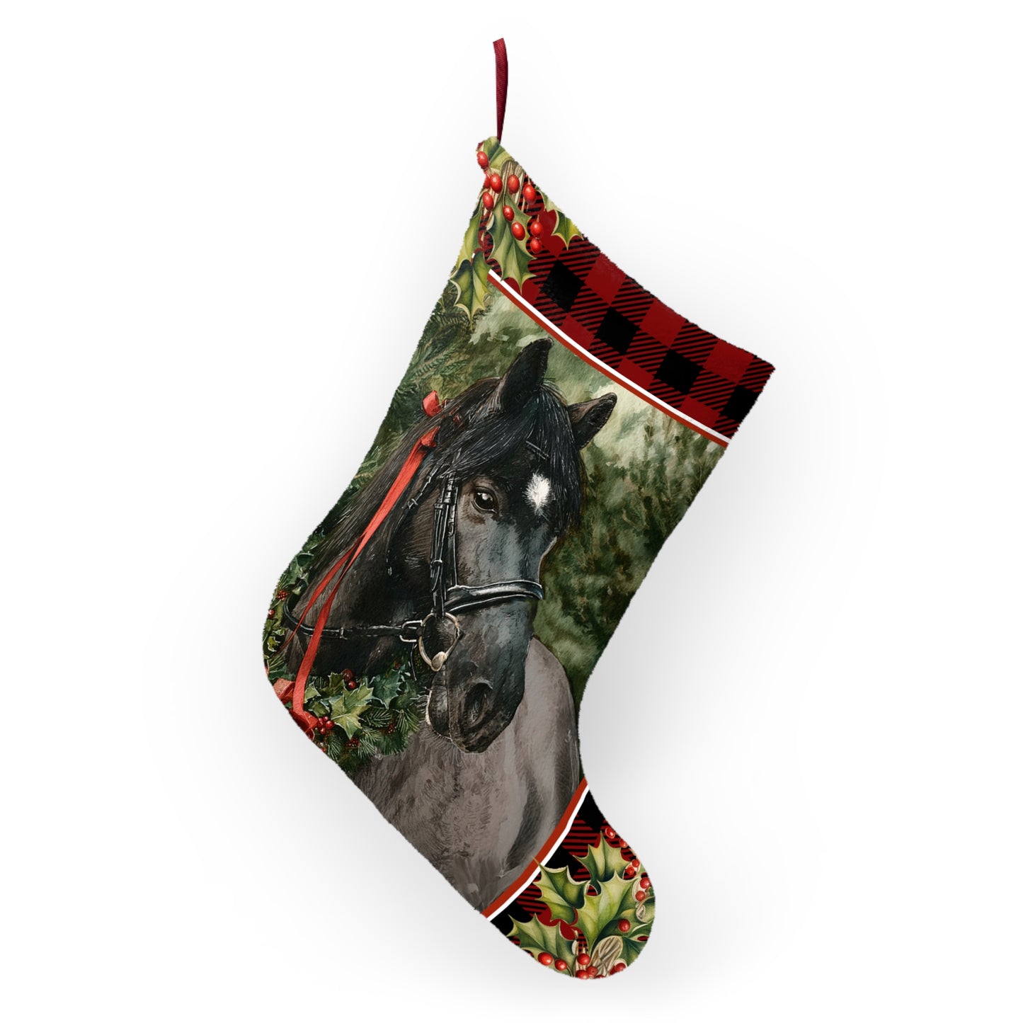 Black Pony Christmas Stocking, Black Roan Horse Equestrian Gift Holiday Decor, Large Fleece Stocking