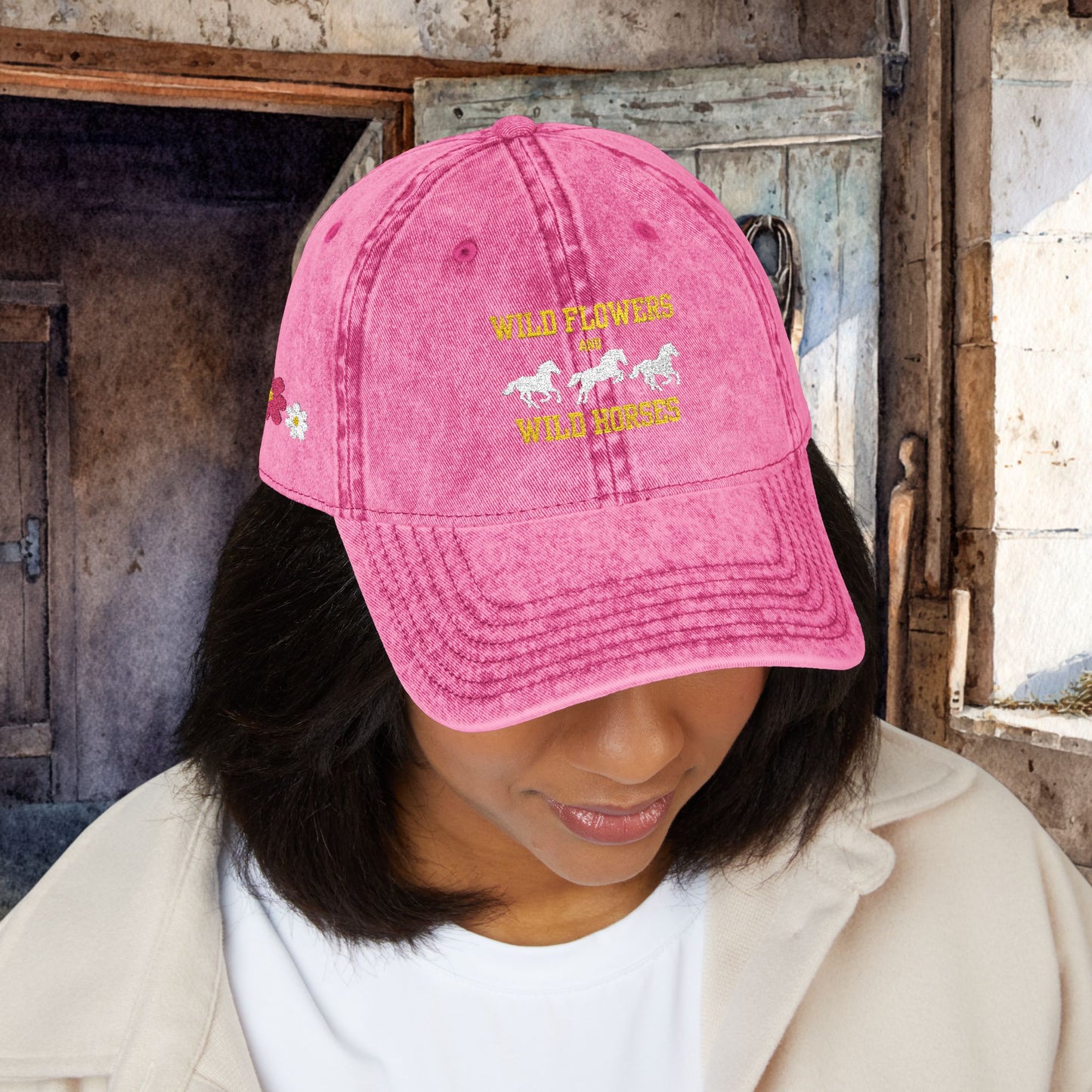 Wildflowers & Wild Horses Embroidered Cap – Vintage Distressed Horse Hat