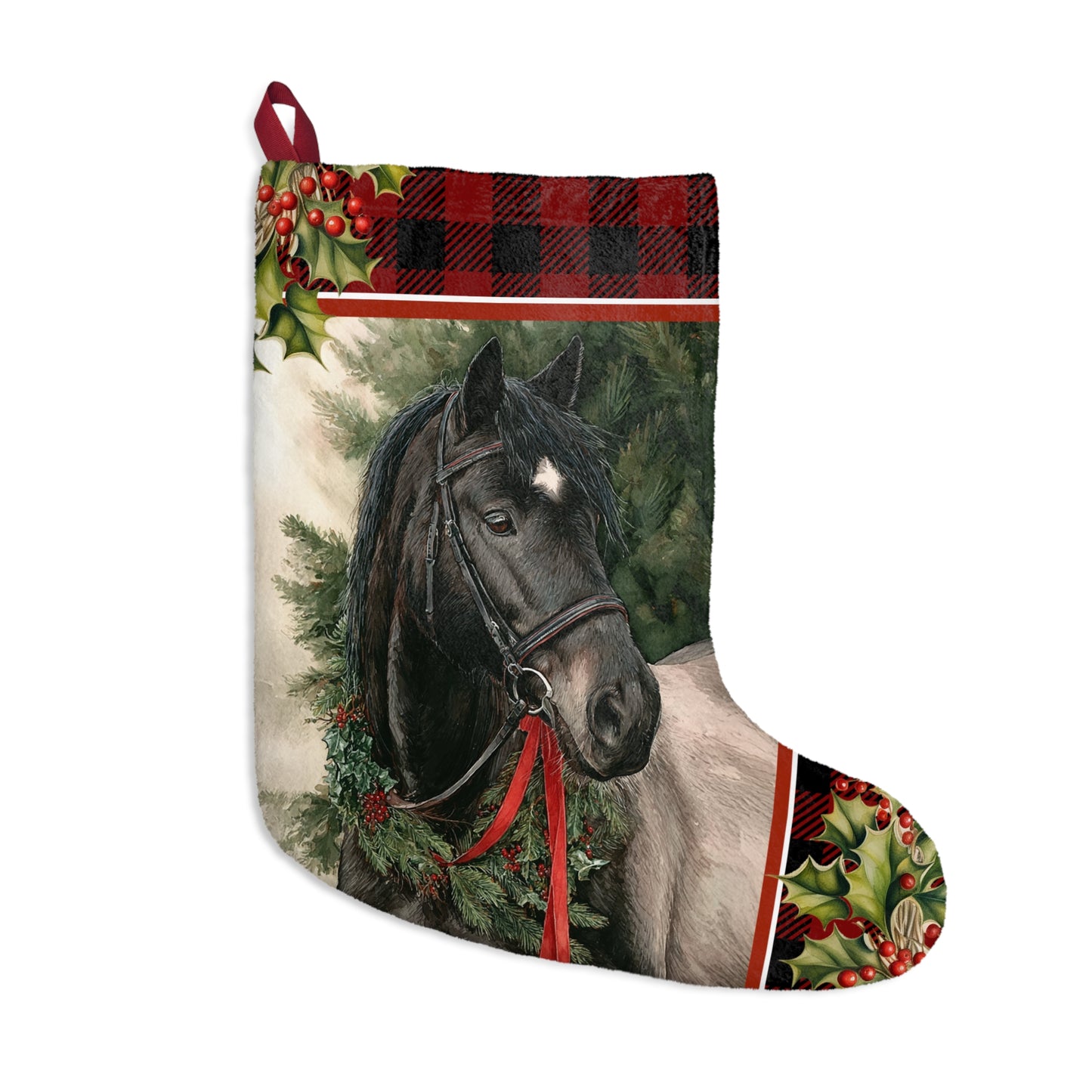 Christmas Stockings, Black Roan Horse Equestrian Gift Holiday Decor, Large Fleece Stocking
