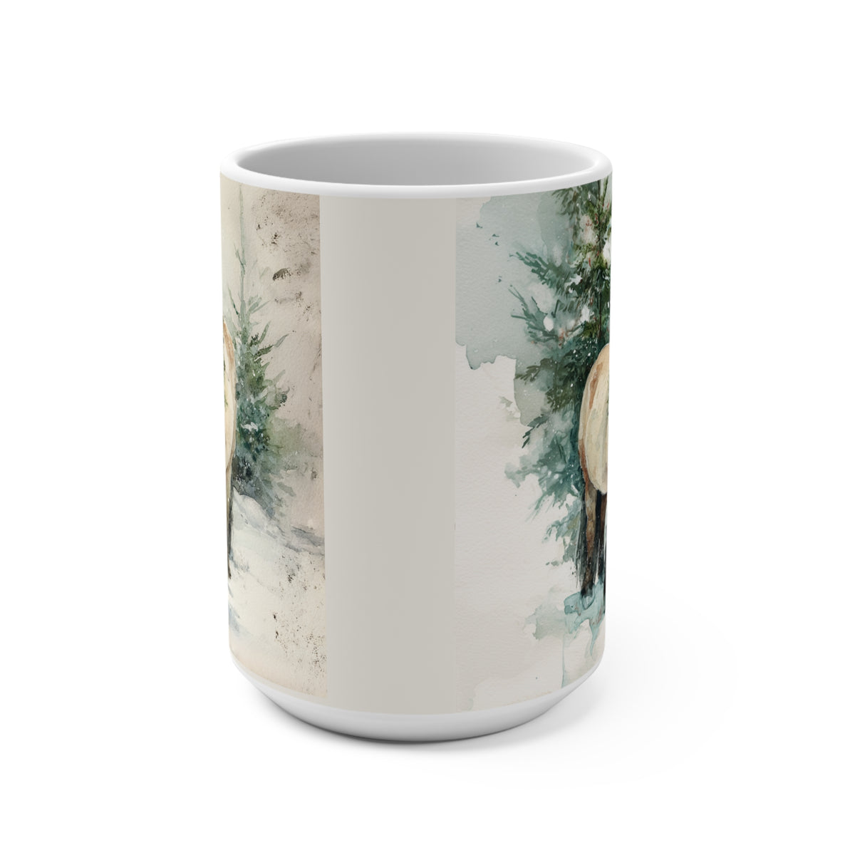 Fjord Horse - 15oz Ceramic Mug — Fjord Horse in Snow with Holiday Wreath (Christmas Winter Coffee Cup)