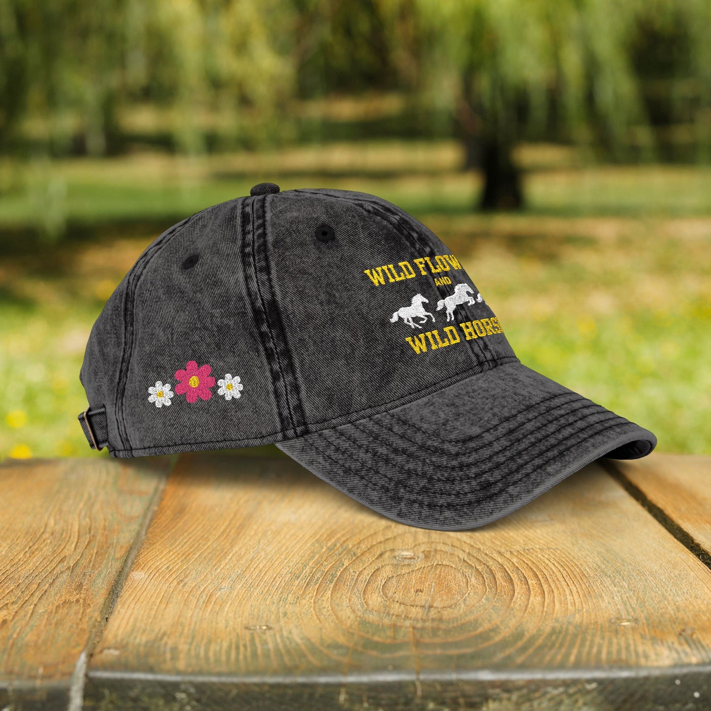 Wildflowers & Wild Horses Embroidered Cap – Vintage Distressed Horse Hat