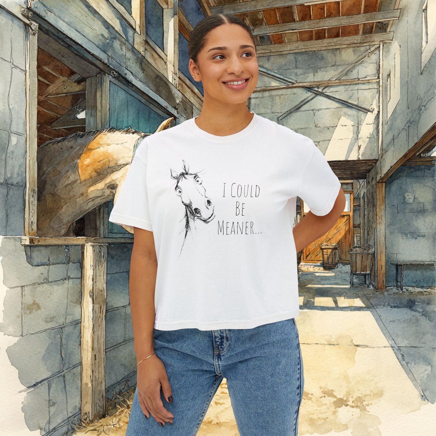 Women's Boxy Loose Fit Horse Tee — Horse Sketch "I Could Be Meaner"