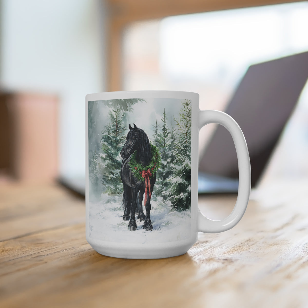 15oz Ceramic Mug — Friesian Horse in Snow with Holiday Wreath (Christmas Winter Coffee Cup)