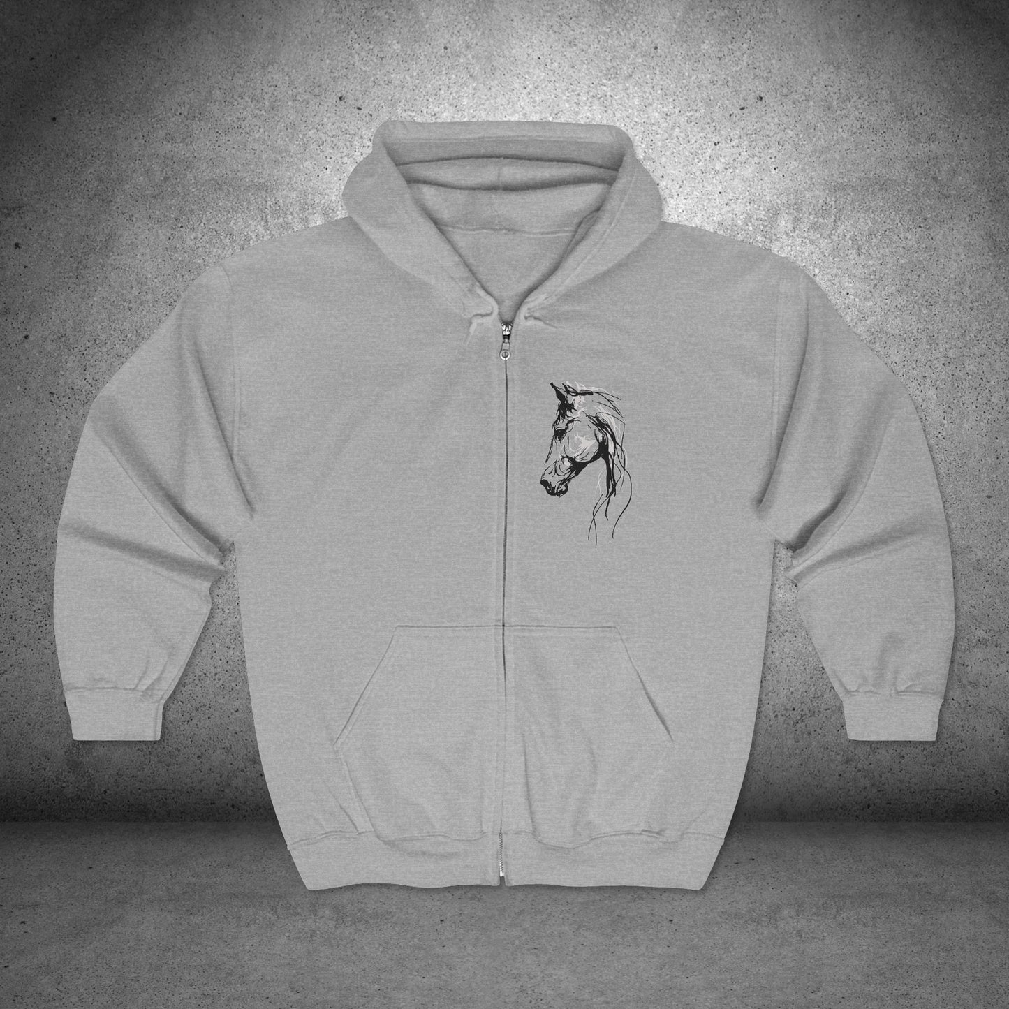 Horse Head Sketch Zip Hoodie — Minimal Equestrian Zip-Up for Riders & Horse Lovers