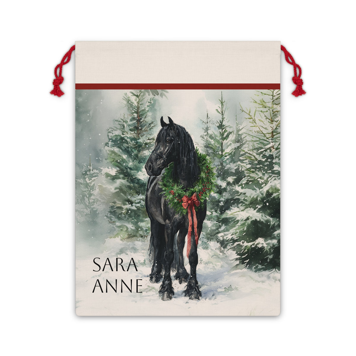 Friesian in Snow Holiday Horse Christmas Gift Bag – Large Holiday Santa Sack